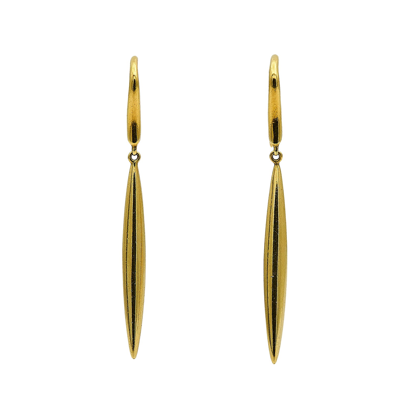 Tiffany & Co. 18K Yellow Gold Feather Drop Earrings: BRAND: Tiffany & Co.; METAL: 18K Yellow Gold; STAMPED: © T & Co., 750; CONDITION: Pre-owned, Good; ITEM WEIGHT (GRAMS): 5.8 g; MEASUREMENTS: Earrings approx. 1 13/16 inch long including wire x 1/8 in