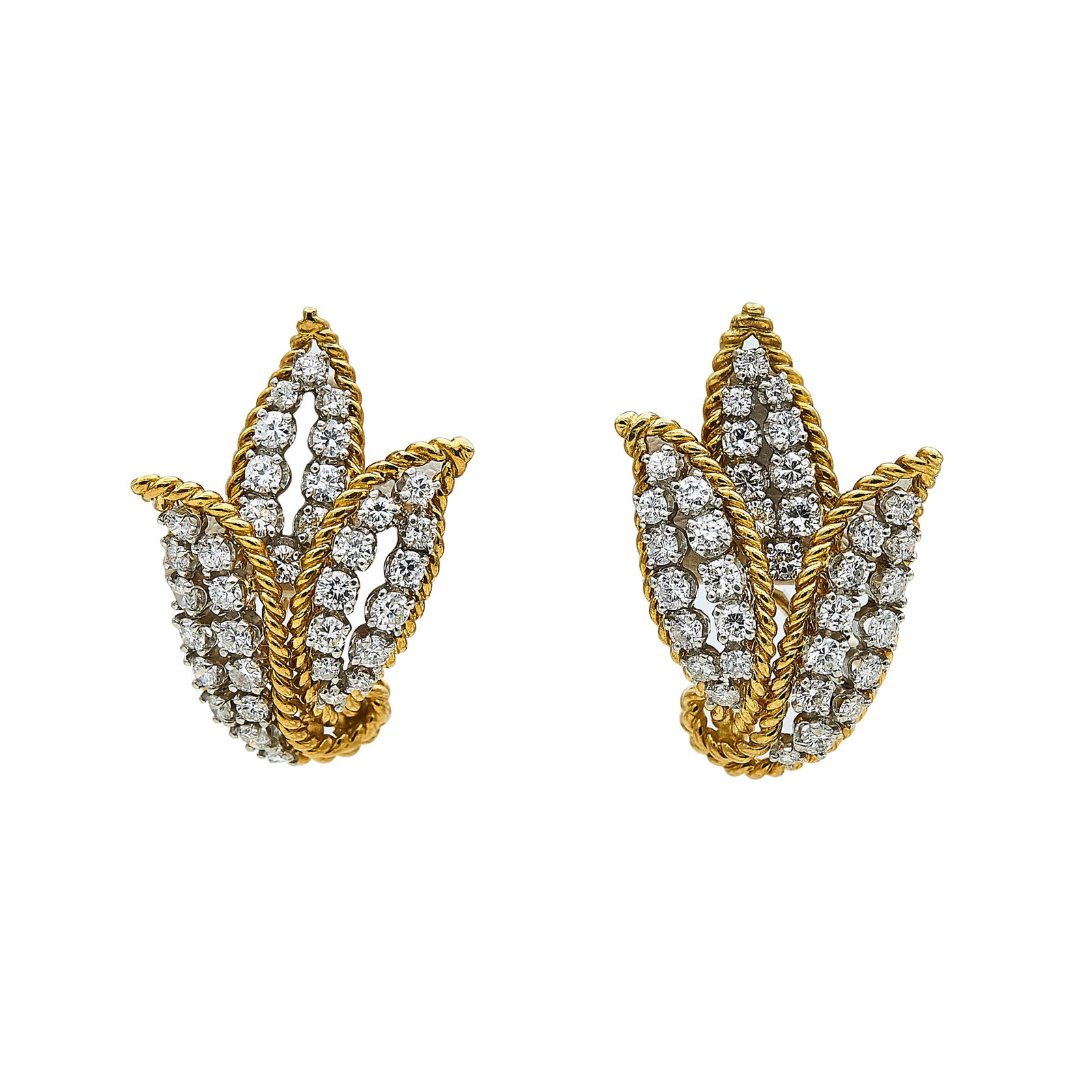 18K Yellow Gold and Diamond Floral Earrings: METAL: 18K Yellow Gold; APPROXIMATE TOTAL DIAMOND WEIGHT: 4.50 ctw; TESTED: 18K Yellow Gold; CONDITION: Pre-owned, Very Good; ITEM WEIGHT (GRAMS): 14.3 g; MEASUREMENTS: Earrings approx. 1 1/8 inch