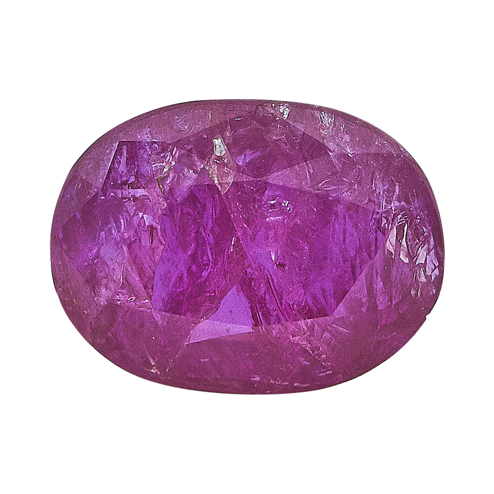 Glass-Filled Ruby Loose Stone: CARAT WEIGHT: 3.09 ctw; GEMSTONES: Glass-Filled Ruby approx. 2.15 carats, Weight estimated by formula, Fractures on table and crown facets, along with chips and fractures on pavilion; CONDITION: Pre-o