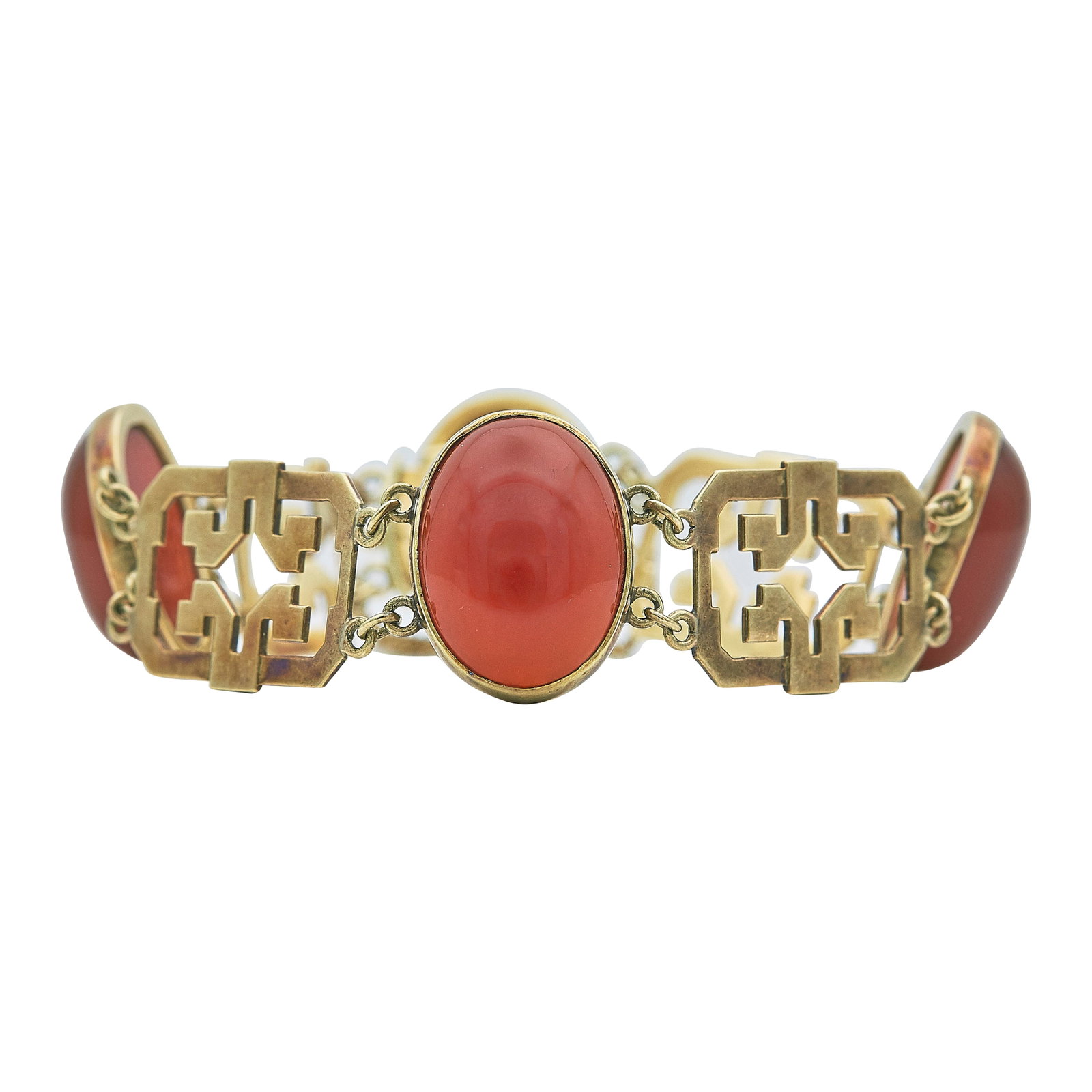 14K Yellow Gold and Carnelian Link Bracelet: METAL: 14K Yellow Gold; SHAPE: Oval; GEMSTONES: Carnelian; TESTED: 14K Yellow Gold; CONDITION: Pre-owned, Good; ITEM WEIGHT (GRAMS): 28 g; MEASUREMENTS: Bracelet inner circumference approx. 6 1/2 inch