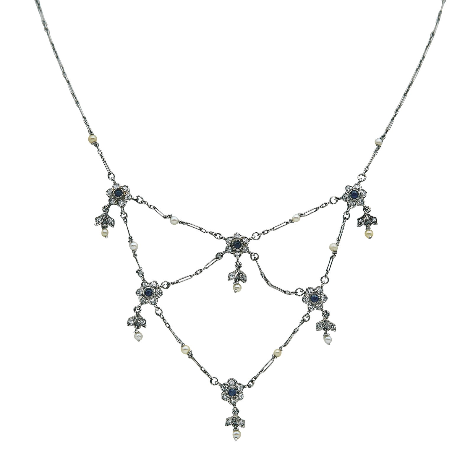 Platinum, Diamond, Sapphire, and Pearl Swag Necklace (1 of 4)