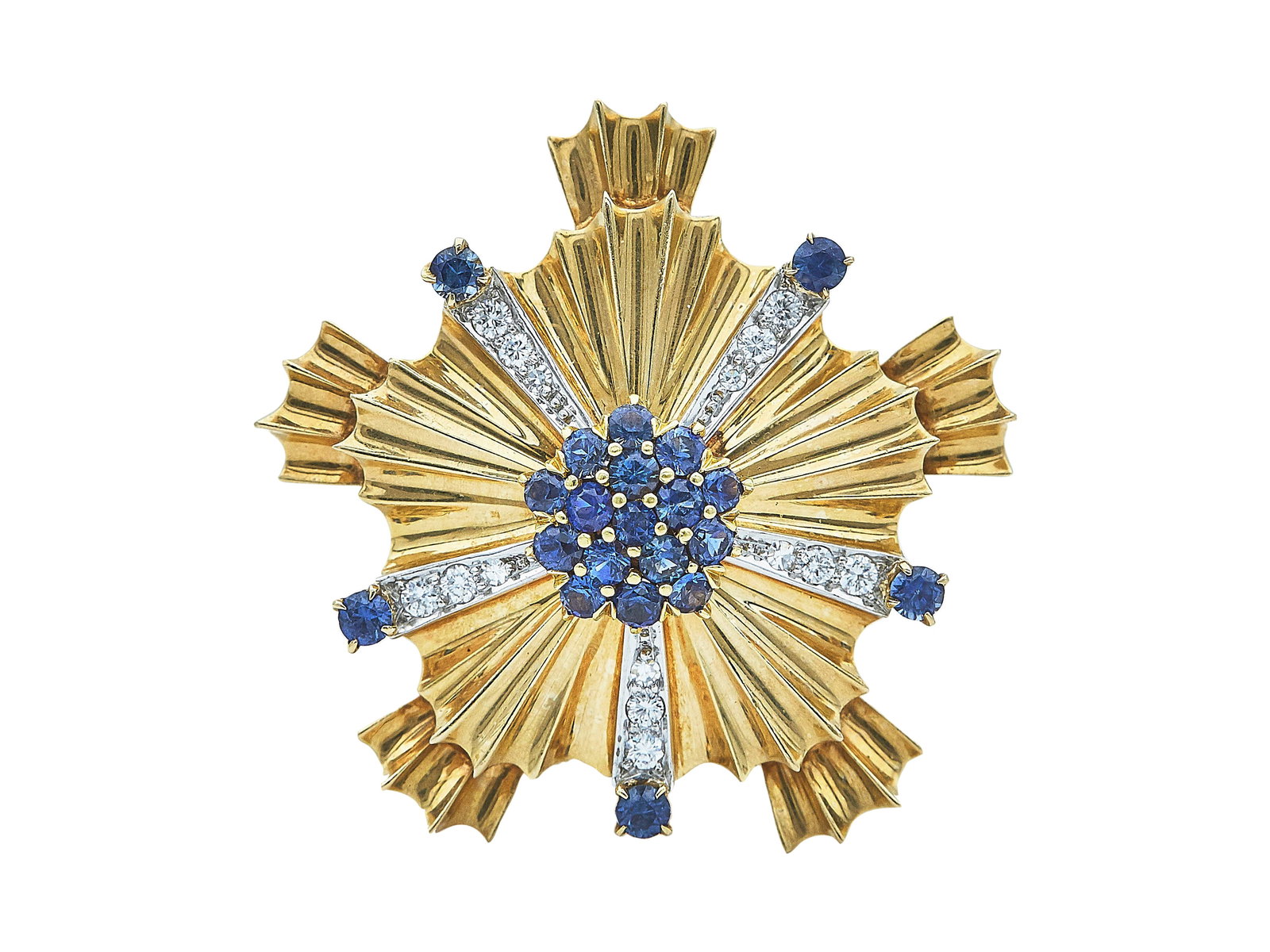 Mid-Century Tiffany & Co. 14K Yellow Gold, Sapphire, and Diamond Pin Brooch: BRAND: Tiffany & Co.; METAL: 14K Yellow Gold; APPROXIMATE TOTAL DIAMOND WEIGHT: 0.80 ctw; GEMSTONES: Sapphire; STAMPED: Tiffany & Co., 14KT; CONDITION: Pre-owned, Very Good; ITEM WEIGHT (GRAMS): 21.3