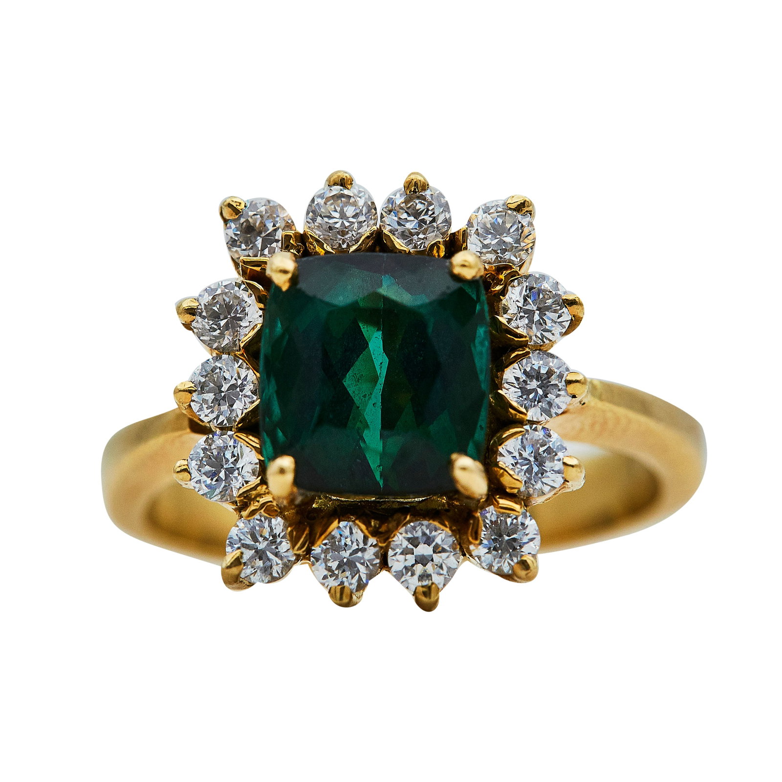 18K Yellow Gold, Green Tourmaline, and White Stone Cluster Ring: METAL: 18K Yellow Gold; GEMSTONES: Tourmaline and White Stone, Tourmaline approx. 8.40 mm x 7.80 mm, Two small chip on gemstone table; TESTED: 18K Yellow Gold; CONDITION: Pre-owned, Very Good; ITEM WE