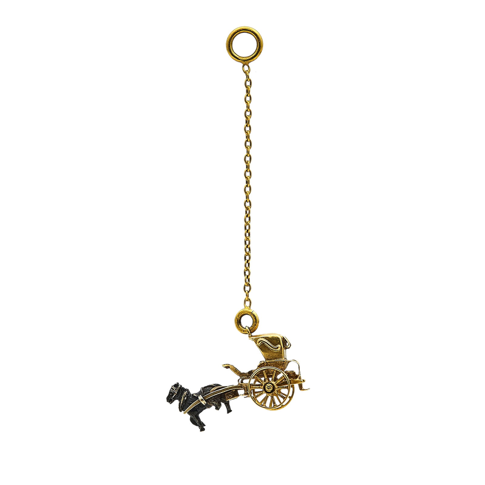 18K Yellow Gold and Silver Horse and Buggy Charm Pendant: METAL: 18K Yellow Gold/Silver; TESTED: 18K Yellow Gold/Silver; CONDITION: Pre-owned, Good; ITEM WEIGHT (GRAMS): 3.4 g; MEASUREMENTS: Charm 7/8 inch long; ADDITIONAL COMMENTS: One of the horses legs ha