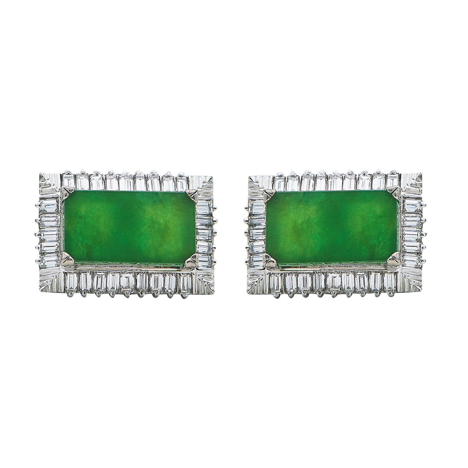 14K White Gold, Type A Jade, and Diamond Cufflinks: METAL: 14K White Gold; APPROXIMATE TOTAL DIAMOND WEIGHT: 2.20 ctw; GEMSTONES: Type A Jade approx. 9.10 mm x 16.28 mm x 1.84 mm each; STAMPED: 14K, 296, Maker's mark; CONDITION: Pre-owned, Very Good;