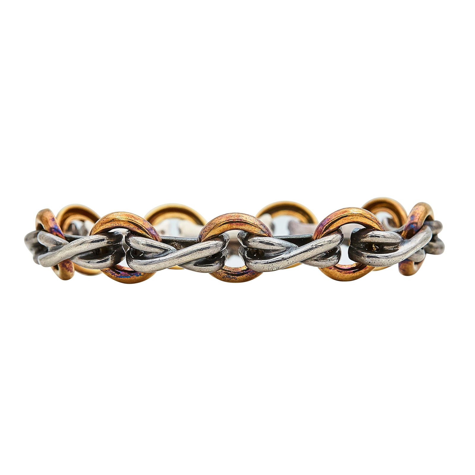 Paloma Picasso for Tiffany & Co. 18K Yellow Gold and Sterling Silver Link Bracelet: BRAND: Paloma Picasso for Tiffany & Co.; METAL: 18K Yellow Gold, Sterling Silver; STAMPED: © Paloma Picasso, Tiffany & Co., 925, 750; CONDITION: Pre-owned, Good; ITEM WEIGHT (GRAMS): 38.3 g; MEASUREM