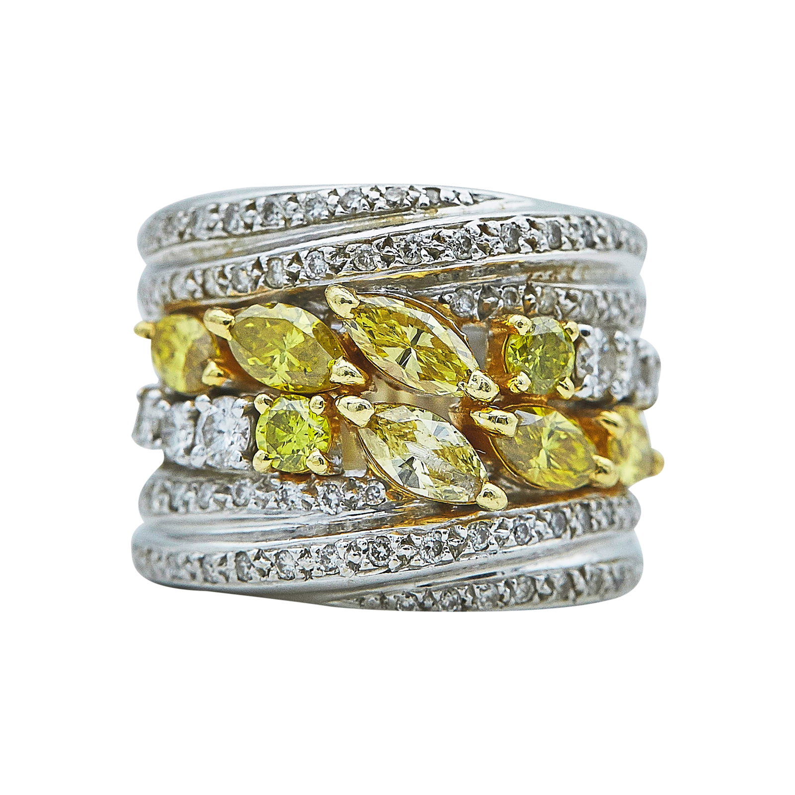 18K White Gold, Treated Yellow Diamond, and White Diamond Band Ring: METAL: 18K White Gold; APPROXIMATE TOTAL DIAMOND WEIGHT: 1 ctw; GEMSTONES: Treated Yellow Diamonds approx. 1 carat total weight; TESTED: 18K White Gold; CONDITION: Pre-owned, Very Good; ITEM WEIGHT