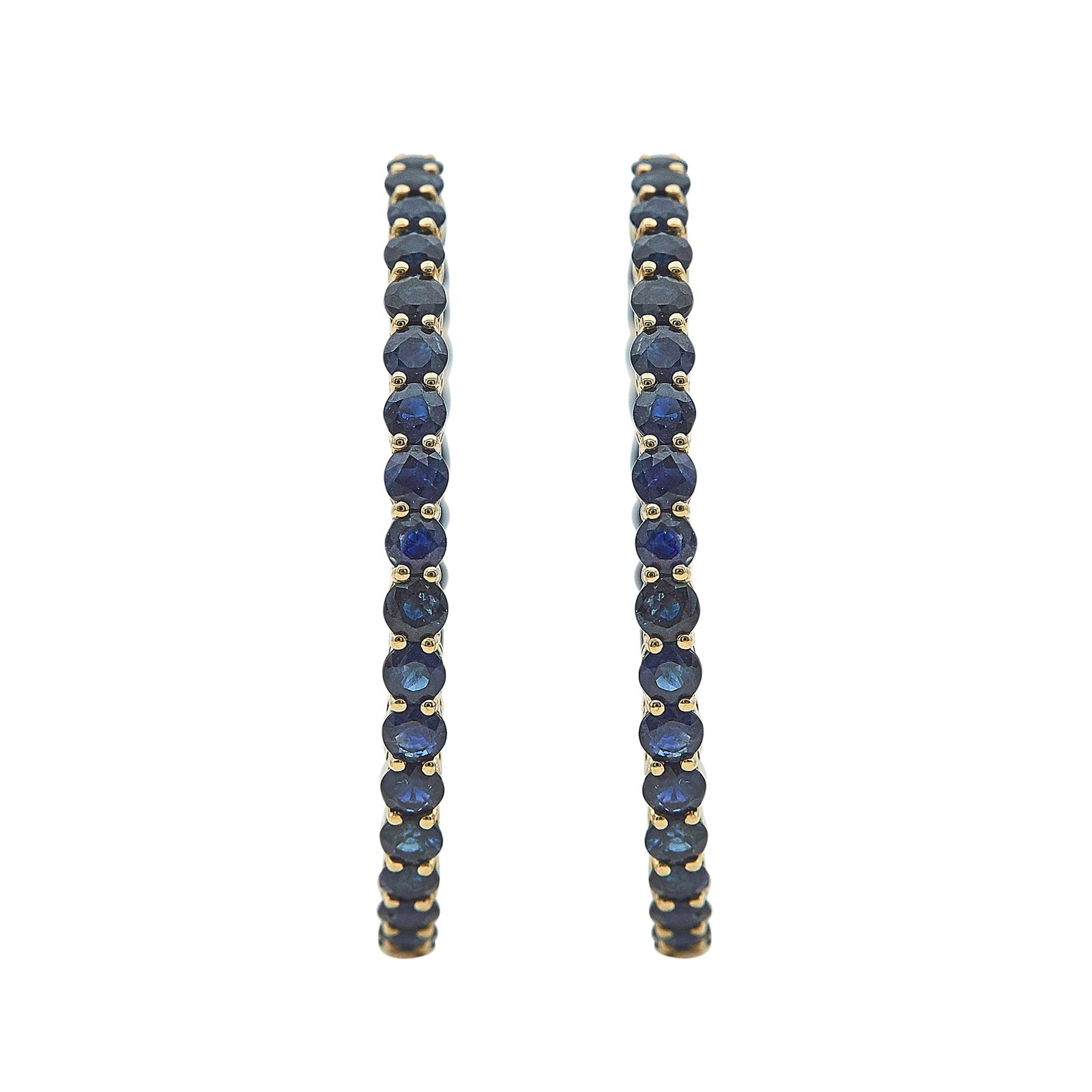 18K Rose Gold and Sapphire Inside-Out Hoop Earrings: METAL: 18K Rose Gold; GEMSTONES: Sapphire; STAMPED: HK, 750, DC, 18K; CONDITION: Pre-owned, Very Good; ITEM WEIGHT (GRAMS): 11.8 g; MEASUREMENTS: Earrings 1 5/8 inch in diameter; ADDITIONAL COMMENTS: