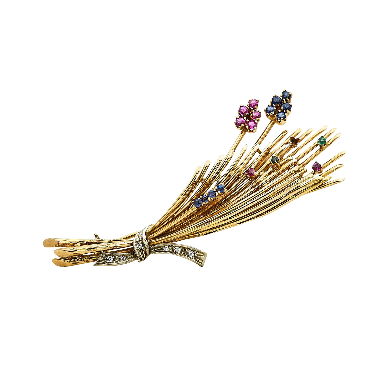 Mid-Century 18K Yellow Gold, Diamond, Ruby, Emerald, and Sapphire Pin Brooch: METAL: 18K Yellow Gold; APPROXIMATE TOTAL DIAMOND WEIGHT: 0.06 ctw; GEMSTONES: Ruby, Emerald, and Sapphire; STAMPED: 750, Rubbed maker's mark; CONDITION: Pre-owned, Good; ITEM WEIGHT (GRAMS): 15.7 g; 