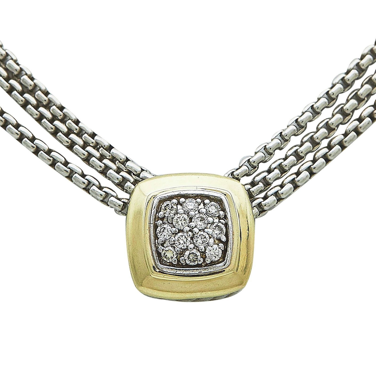 David Yurman 18K Yellow Gold, Sterling Silver, and Diamond Multi-Chain Rounded Square Pendant: BRAND: David Yurman; METAL: 18K Yellow Gold/Silver; APPROXIMATE TOTAL DIAMOND WEIGHT: 0.18 ctw; STAMPED: ©D.Y., 925, 750; CONDITION: Pre-owned, Good; ITEM WEIGHT (GRAMS): 18.7 g; MEASUREMENTS: Neckla