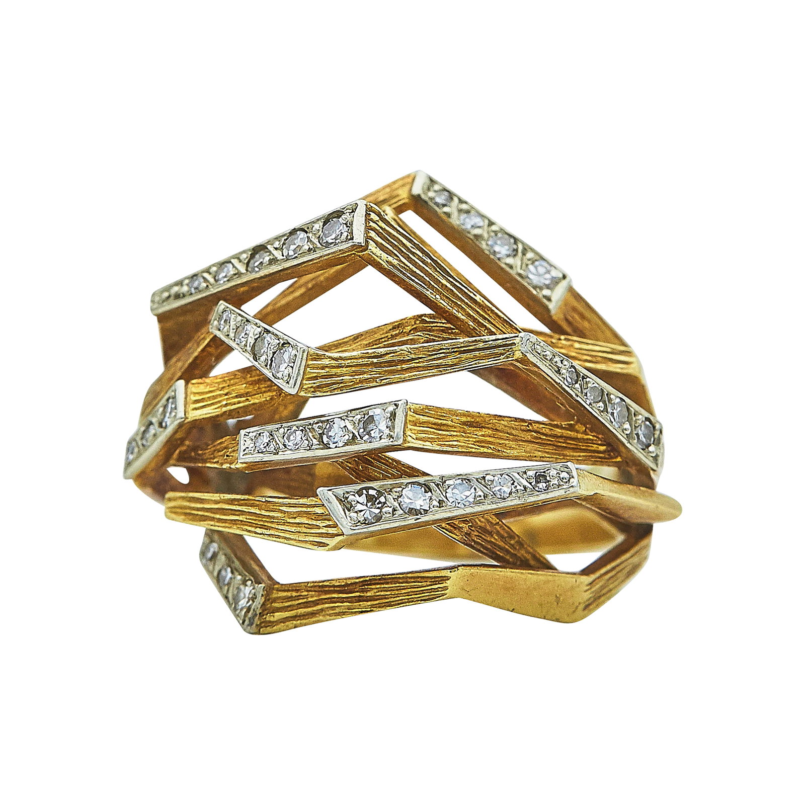 Brutalist 18K Yellow Gold and Platinum Diamond Cocktail Ring: METAL: 18K Yellow Gold/Platinum; APPROXIMATE TOTAL DIAMOND WEIGHT: 0.25 ctw; STAMPED: Maker's mark; TESTED: 18K Yellow Gold/Platinum; CONDITION: Pre-owned, Good; ITEM WEIGHT (GRAMS): 15.36 g;