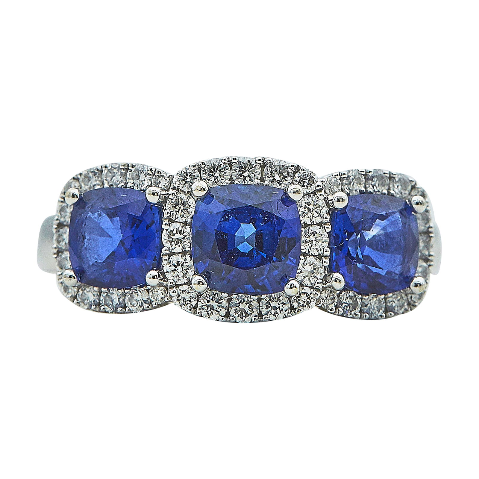 18K White Gold, Sapphire, and Diamond Ring: METAL: 18K White Gold; APPROXIMATE TOTAL DIAMOND WEIGHT: 0.45 ctw; GEMSTONES: Sapphire; STAMPED: 18K, Spark; CONDITION: Pre-owned, Very Good; ITEM WEIGHT (GRAMS): 6.8 g; MEASUREMENTS: Ring size 6 1/4;