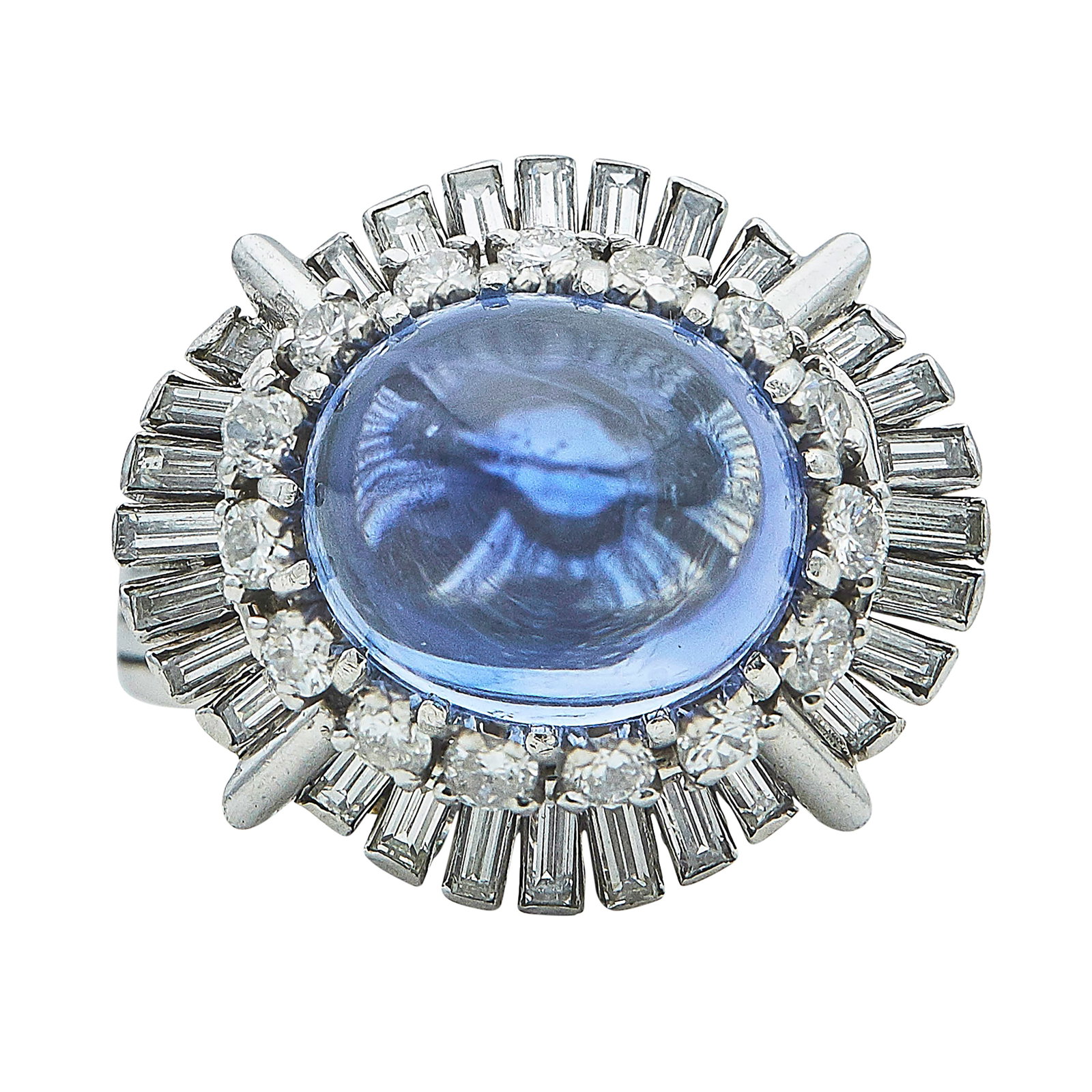 Platinum, Sapphire, and Diamond Cocktail Ring: METAL: Platinum; APPROXIMATE TOTAL DIAMOND WEIGHT: 1.75 ctw; GEMSTONES: Sapphire approx. 15.02 carats, Weight estimated by formula; TESTED: Platinum; CONDITION: Pre-owned, Very Good; ITEM WEIGHT