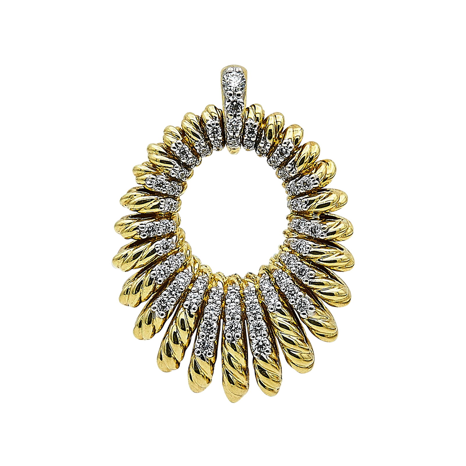 David Yurman Tempo 18K Yellow and White Gold Diamond Pendant: BRAND: David Yurman; METAL: 18K Yellow Gold/White Gold; APPROXIMATE TOTAL DIAMOND WEIGHT: 0.50 ctw; STAMPED: © D. Y., 750; CONDITION: Pre-owned, Very Good; ITEM WEIGHT (GRAMS): 7.8 g; MEASUREMENTS: P