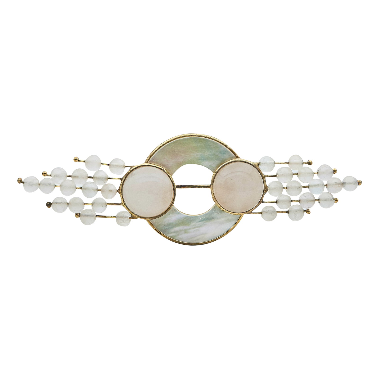 14K Yellow Gold, Mother-of-Pearl, and Rose Quartz Geometric Brooch: METAL: 14K Yellow Gold; GEMSTONES: Mother of Pearl, Rose Quartz; STAMPED: 14K, Maker's mark; CONDITION: Pre-owned, Good; ITEM WEIGHT (GRAMS): 9.77 g; MEASUREMENTS: Brooch 3 1/4 inches long x 1 inch