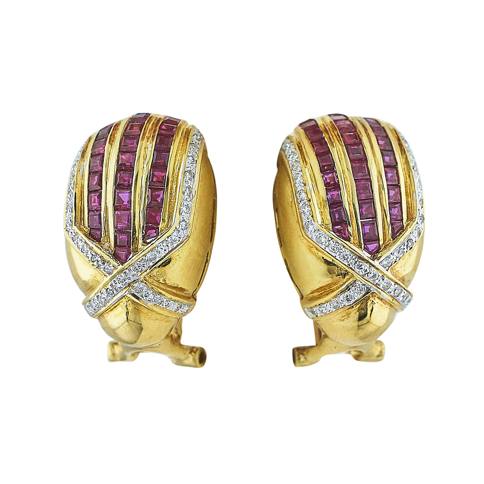 18K Yellow and White Gold, Ruby and Diamond Earrings: METAL: 18K Yellow Gold/White Gold; APPROXIMATE TOTAL DIAMOND WEIGHT: 0.30 ctw; GEMSTONES: Ruby; STAMPED: 750; CONDITION: Pre-owned, Very Good; ITEM WEIGHT (GRAMS): 14.06 g; MEASUREMENTS: Earrings 7/8