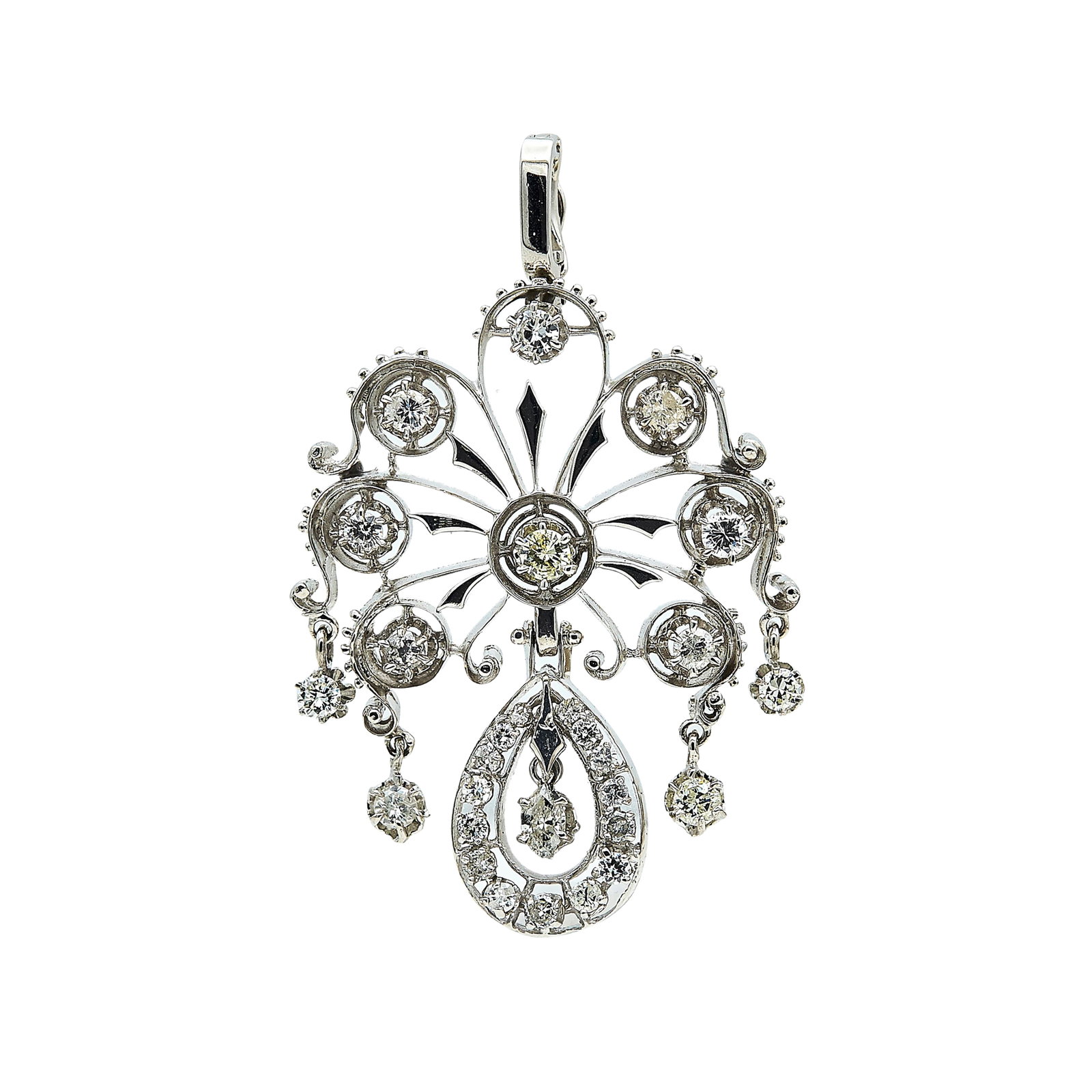 14K White Gold and Diamond Pendant: METAL: 14K White Gold; APPROXIMATE TOTAL DIAMOND WEIGHT: 3.50 ctw; TESTED: 14K White Gold; CONDITION: Pre-owned, Good; ITEM WEIGHT (GRAMS): 19.9 g; MEASUREMENTS: Pendant 2 1/2 inches long x 1 1/2