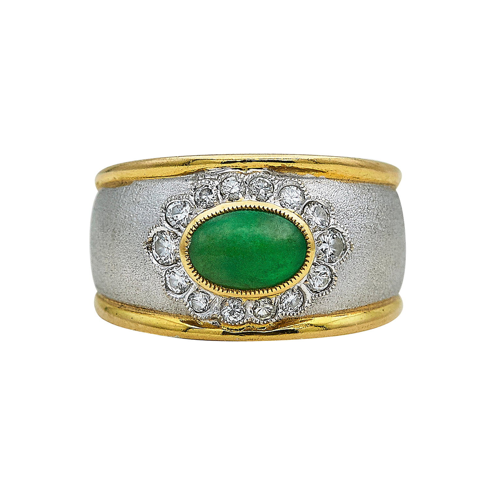 18K Yellow and White Gold, Jadeite, and Diamond Ring: METAL: 18K Yellow Gold/White Gold; APPROXIMATE TOTAL DIAMOND WEIGHT: 0.25 ctw; GEMSTONES: Jadeite cabochon approx. 7.40 mm x 5.10 mm; STAMPED: 18K, 750; CONDITION: Pre-owned, Very Good; ITEM WEIGHT (G