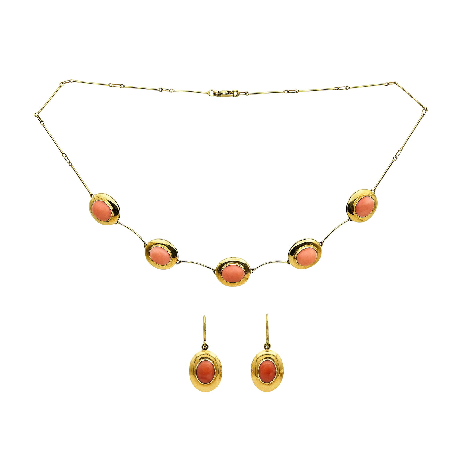 18K Yellow Gold and Coral Stone Necklace & Earrings Set: METAL: 18K Yellow Gold; GEMSTONES: Coral Stone; STAMPED: 750, Italian workshop mark; CONDITION: Pre-owned, Very Good; ITEM WEIGHT (GRAMS): 18.4 g; MEASUREMENTS: Earrings approx. 1 1/16 inch long x 1/2