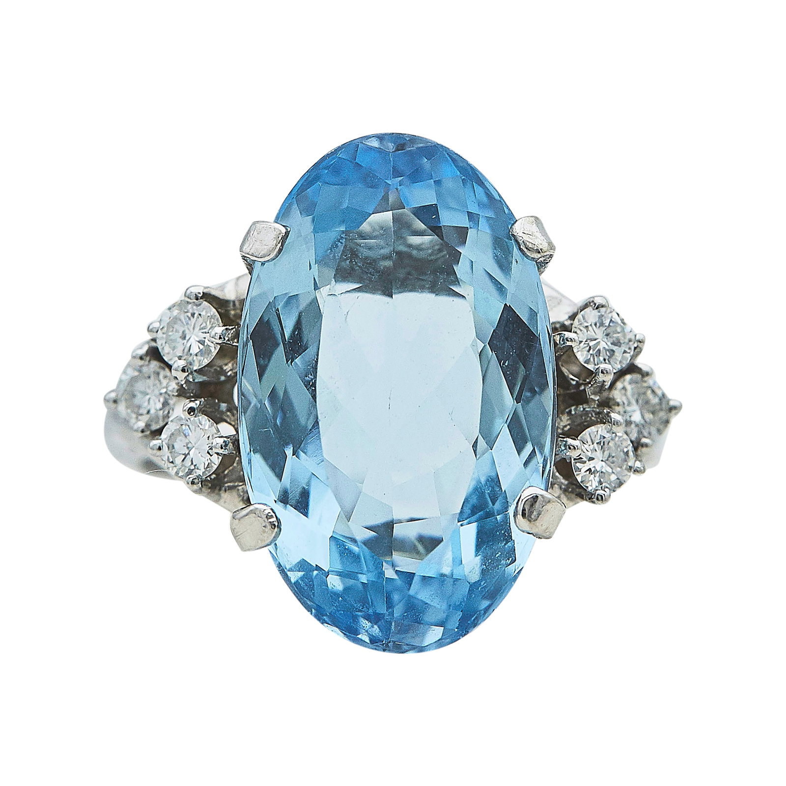 14K White Gold, Aquamarine, and Diamond Cocktail Ring: METAL: 14K White Gold; APPROXIMATE TOTAL DIAMOND WEIGHT: 0.48 ctw; GEMSTONES: Aquamarine approx. 8.37 carats, Weight estimated by formula; STAMPED: 1085; TESTED: 14K White Gold; CONDITION: Pre-owned, 