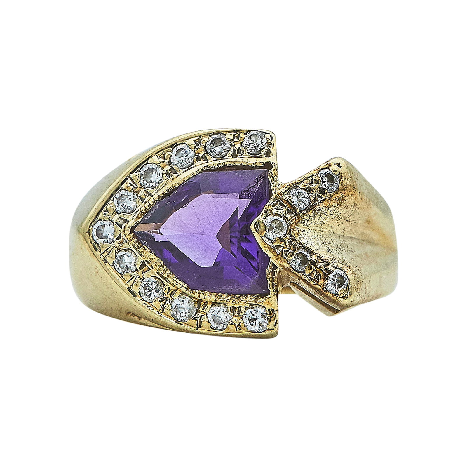 14K Yellow Gold, Amethyst, and Diamond Ring: METAL: 14K Yellow Gold; APPROXIMATE TOTAL DIAMOND WEIGHT: 0.24 ctw; GEMSTONES: Amethyst; STAMPED: 14K; CONDITION: Pre-owned, Good; ITEM WEIGHT (GRAMS): 7.6 g; MEASUREMENTS: Ring size 5 3/4; Diamonds a