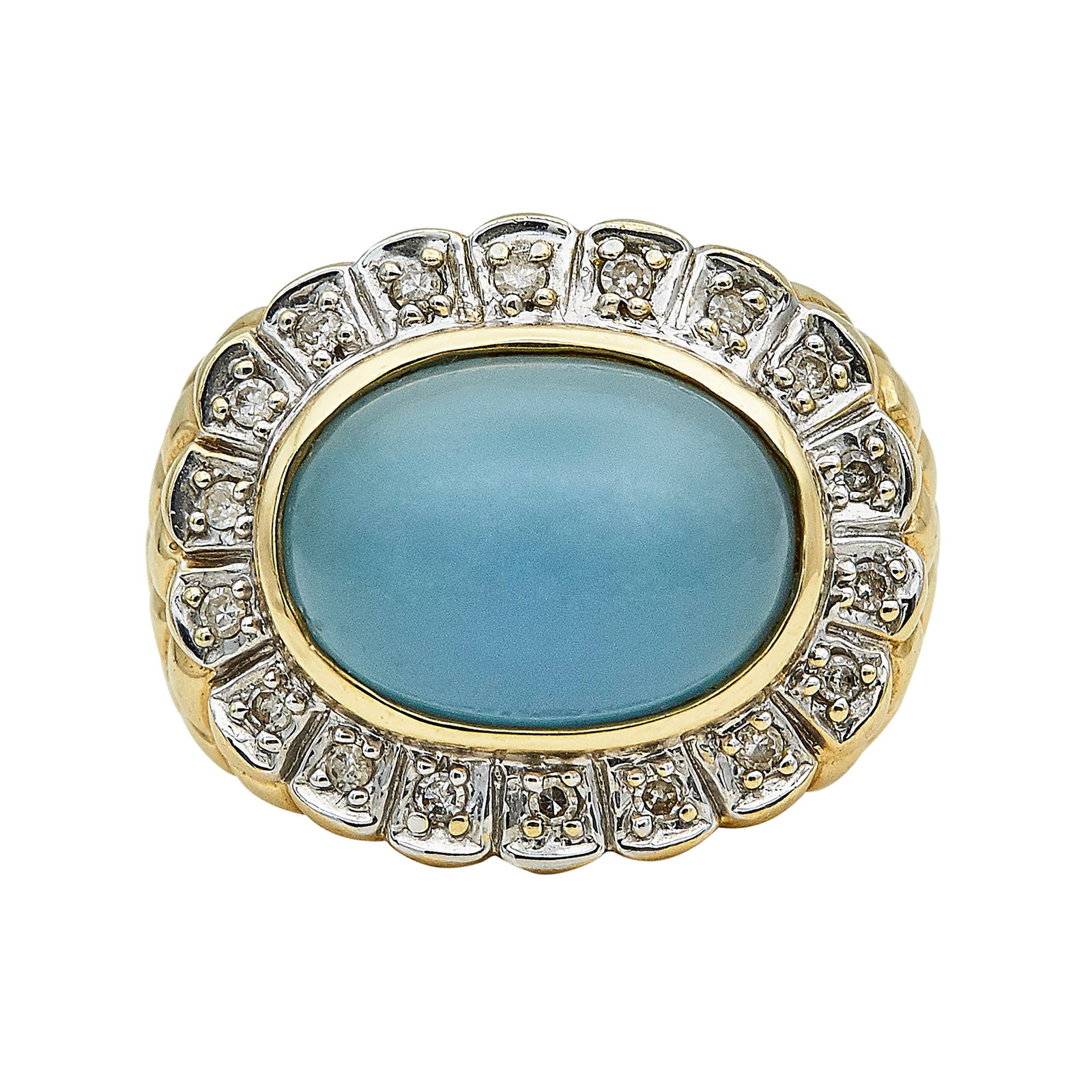 14K Yellow Gold, Aquamarine, Diamond Ring: METAL: 14K Yellow Gold; APPROXIMATE TOTAL DIAMOND WEIGHT: 0.72 ctw; GEMSTONES: Aquamarine; STAMPED: 14K, LR; CONDITION: Pre-owned, Good; ITEM WEIGHT (GRAMS): 11 g; MEASUREMENTS: Ring size 6 3/4; Diamo