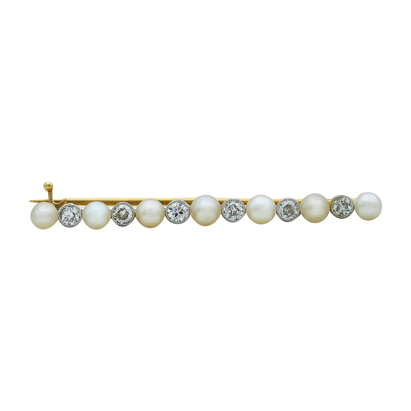 18K Yellow Gold, Pearl, and Diamond Line Brooch: METAL: 18K Yellow Gold; APPROXIMATE TOTAL DIAMOND WEIGHT: 0.36 ctw; GEMSTONES: Pearls approx. 4.00 mm in diameter; STAMPED: Rubbed marks; TESTED: 18K Yellow Gold; CONDITION: Pre-owned, Very Good; ITEM