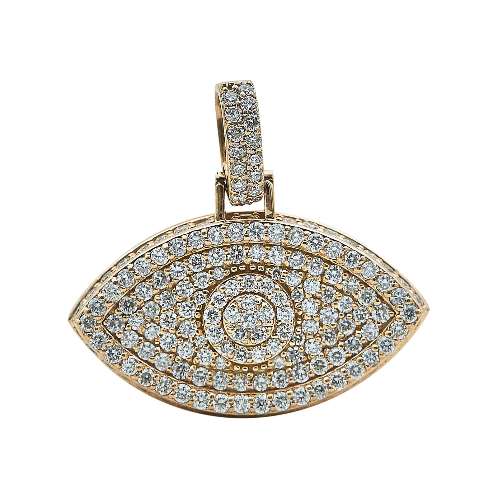 14K Rose Gold and Diamond Pave Evil Eye Pendant: METAL: 14K Rose Gold; APPROXIMATE TOTAL DIAMOND WEIGHT: 1.48 ctw; STAMPED: 14K, AL Jeweler; CONDITION: Pre-owned, Very Good; ITEM WEIGHT (GRAMS): 11.7 g; MEASUREMENTS: Pendant approx. 1 1/16 inch long