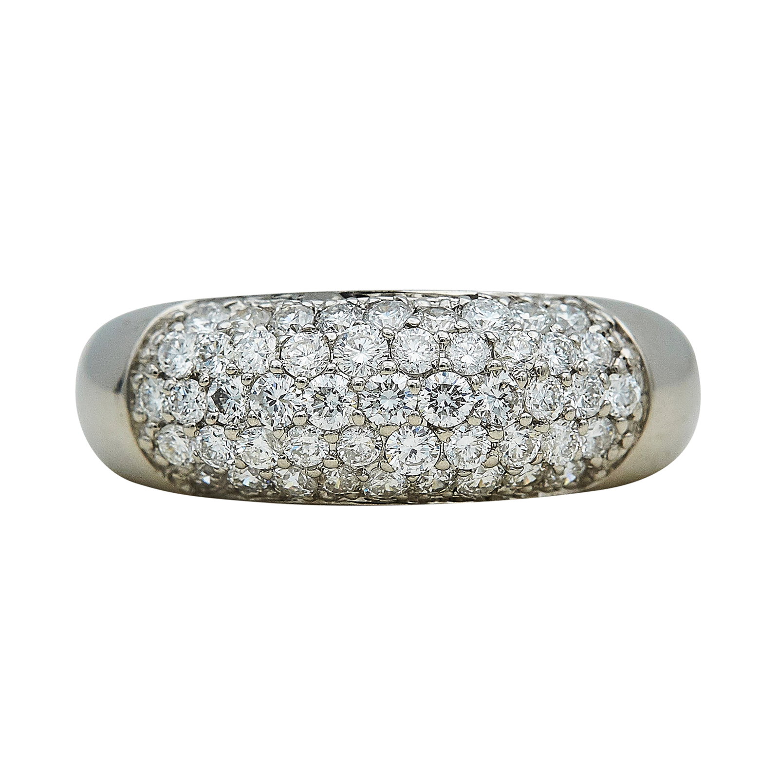 18K White Gold and Diamond Pave Mini Bombe Ring: METAL: 18K White Gold; APPROXIMATE TOTAL DIAMOND WEIGHT: 0.75 ctw; STAMPED: 18K; CONDITION: Pre-owned, Very Good; ITEM WEIGHT (GRAMS): 5.3 g; MEASUREMENTS: Ring size 7