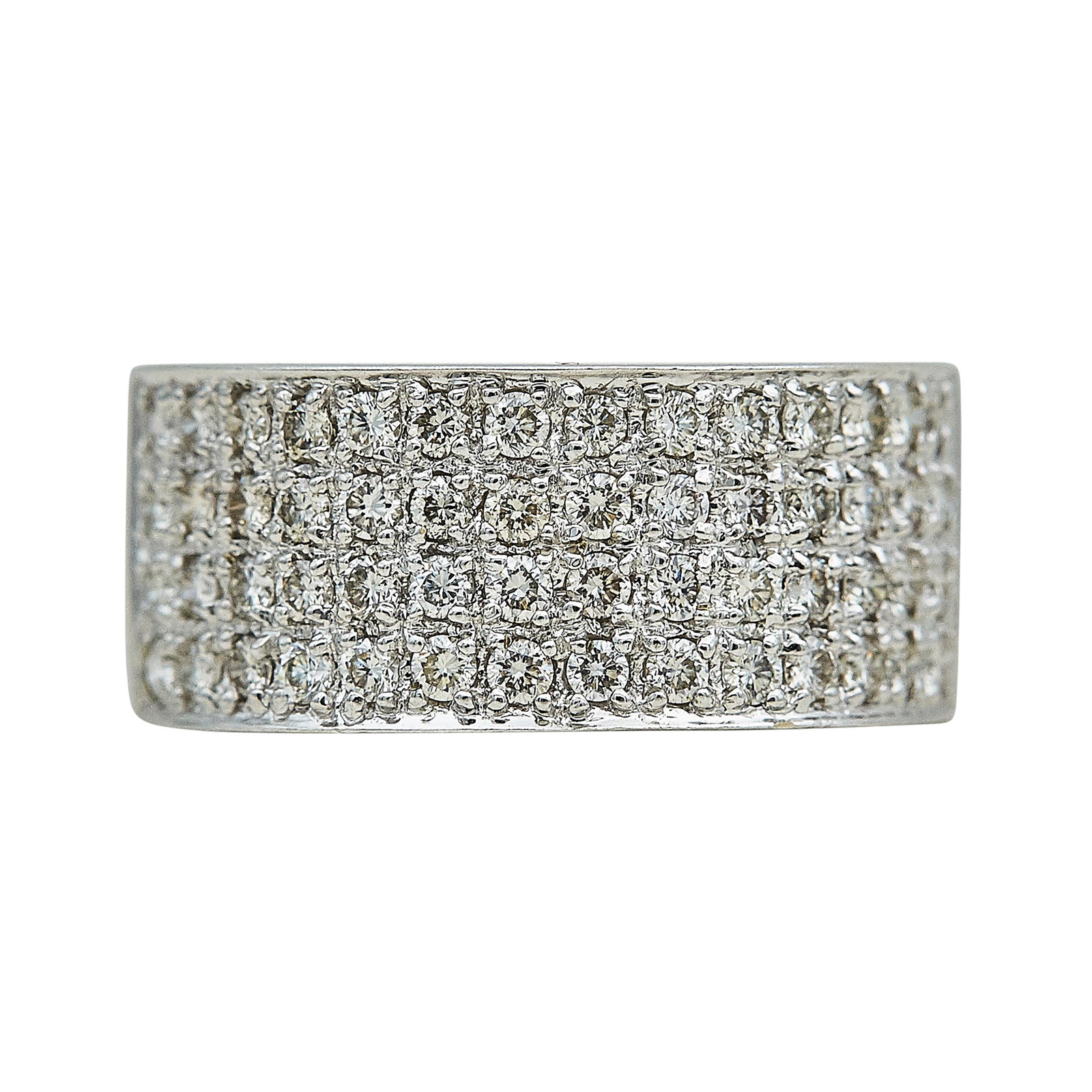 14K White Gold and Diamond Half-Pave Band Ring: METAL: 14K White Gold; APPROXIMATE TOTAL DIAMOND WEIGHT: 0.84 ctw; STAMPED: 14K, BEN; CONDITION: Pre-owned, Very Good; ITEM WEIGHT (GRAMS): 6.2 g; MEASUREMENTS: Ring size 6 3/4