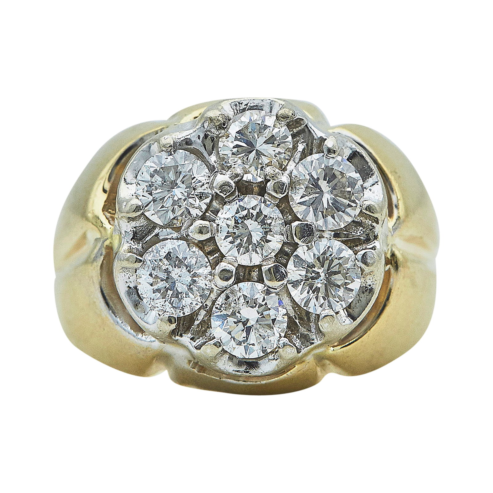 14K Yellow Gold and Diamond Cluster Signet Ring: METAL: 14K Yellow Gold; APPROXIMATE TOTAL DIAMOND WEIGHT: 1.75 ctw; TESTED: 14K Yellow Gold; CONDITION: Pre-owned, Good; ITEM WEIGHT (GRAMS): 17.1 g; MEASUREMENTS: Ring size 10