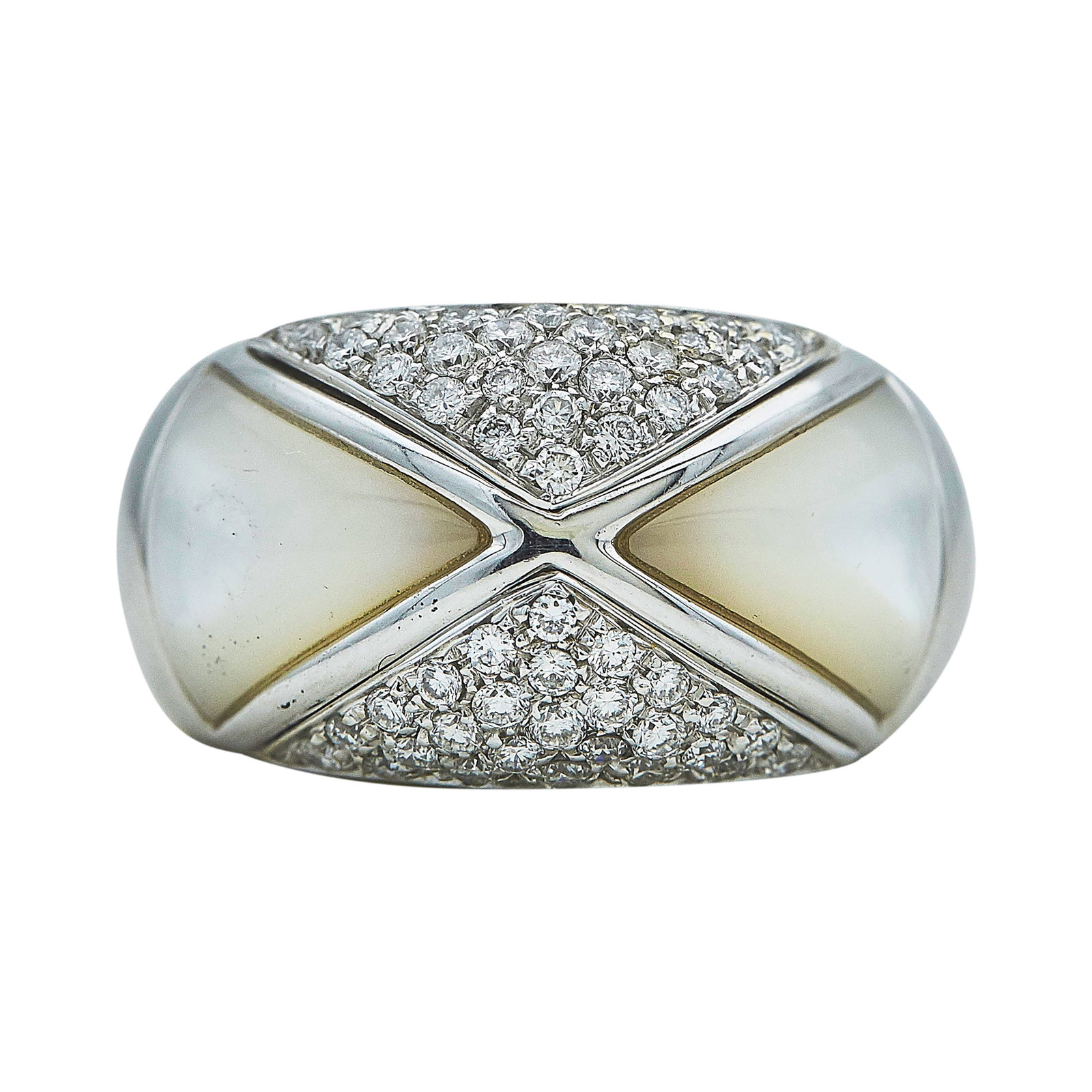 18K White Gold, Mother of Pearl, Enamel, and Diamond Bombe Cocktail Ring: METAL: 18K White Gold; APPROXIMATE TOTAL DIAMOND WEIGHT: 0.75 ctw; GEMSTONES: Mother of Pearl and Enamel; STAMPED: 750, Italian workshop mark, 18K, Italy; CONDITION: Pre-owned; ITEM WEIGHT (GRAMS): 16