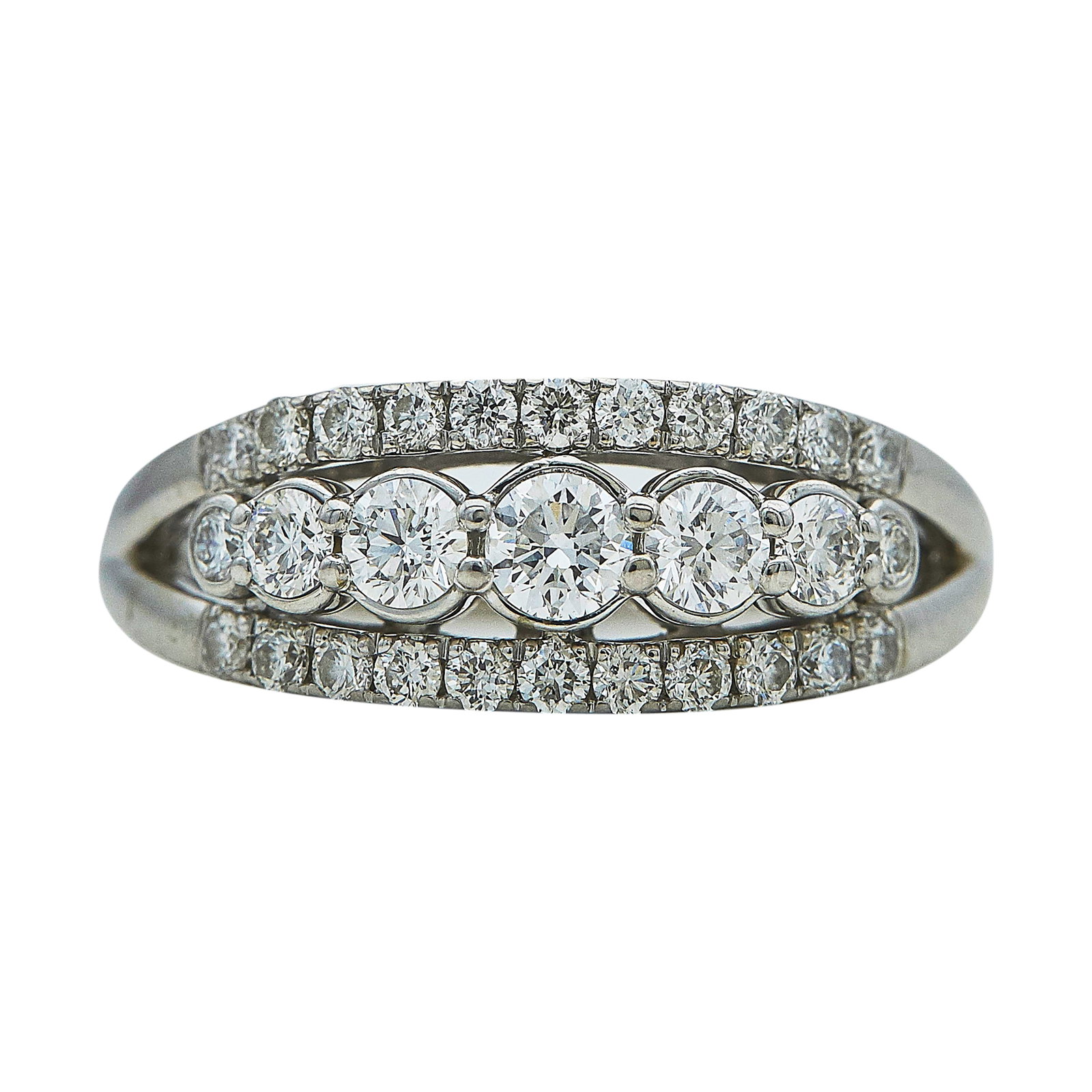 14K White Gold and Diamond Ring: METAL: 14K White Gold; APPROXIMATE TOTAL DIAMOND WEIGHT: 1.05 ctw; STAMPED: 14K, Maker's mark; CONDITION: Pre-owned, Very Good; ITEM WEIGHT (GRAMS): 3.9 g; MEASUREMENTS: Ring size 7 3/4