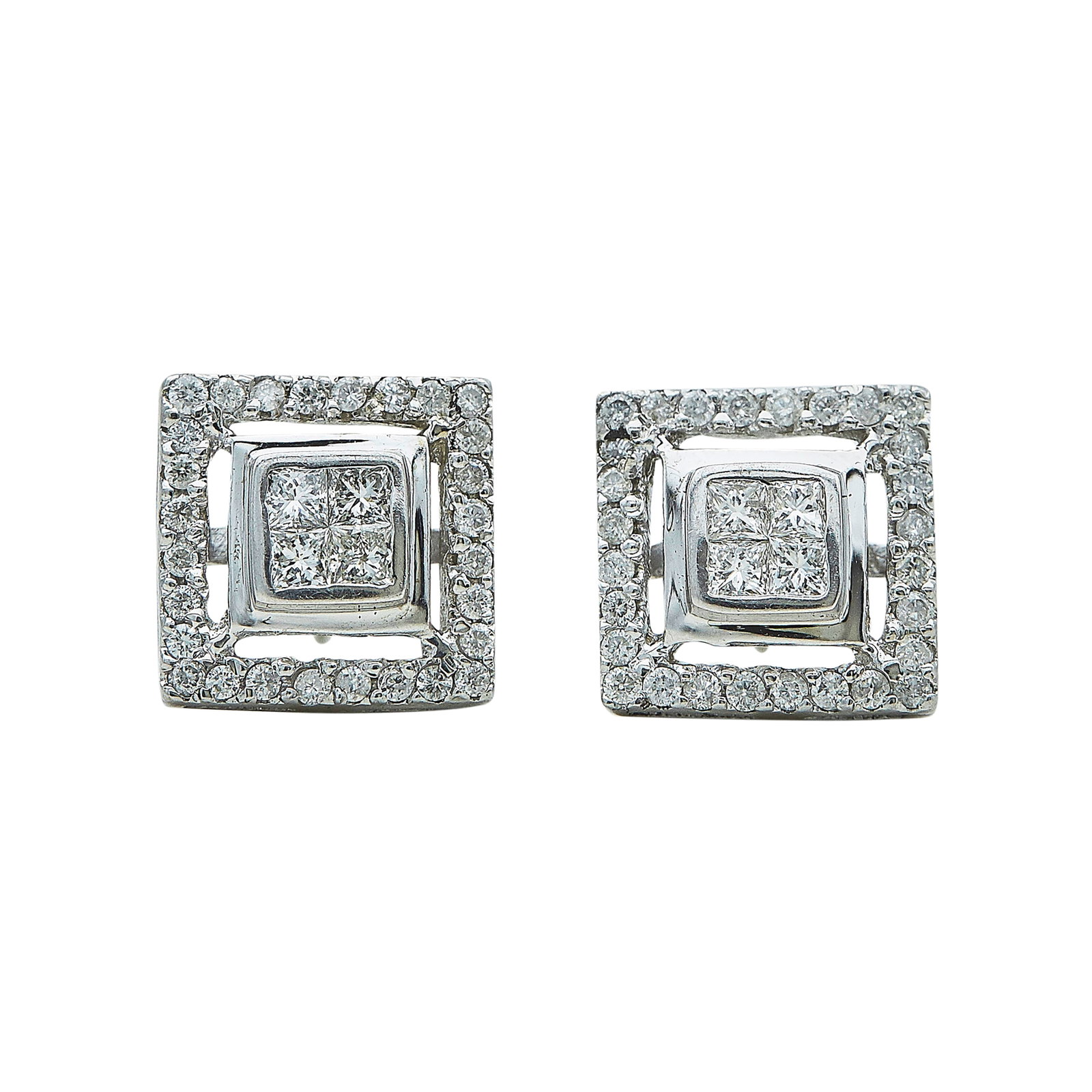 14K White Gold and Diamond Square Stud Earrings: METAL: 14K White Gold; APPROXIMATE TOTAL DIAMOND WEIGHT: 1.06 ctw; STAMPED: Backs marked: LOT, 14K; TESTED: 14K White Gold; CONDITION: Pre-owned, Good; ITEM WEIGHT (GRAMS): 5 g; MEASUREMENTS: Earrings