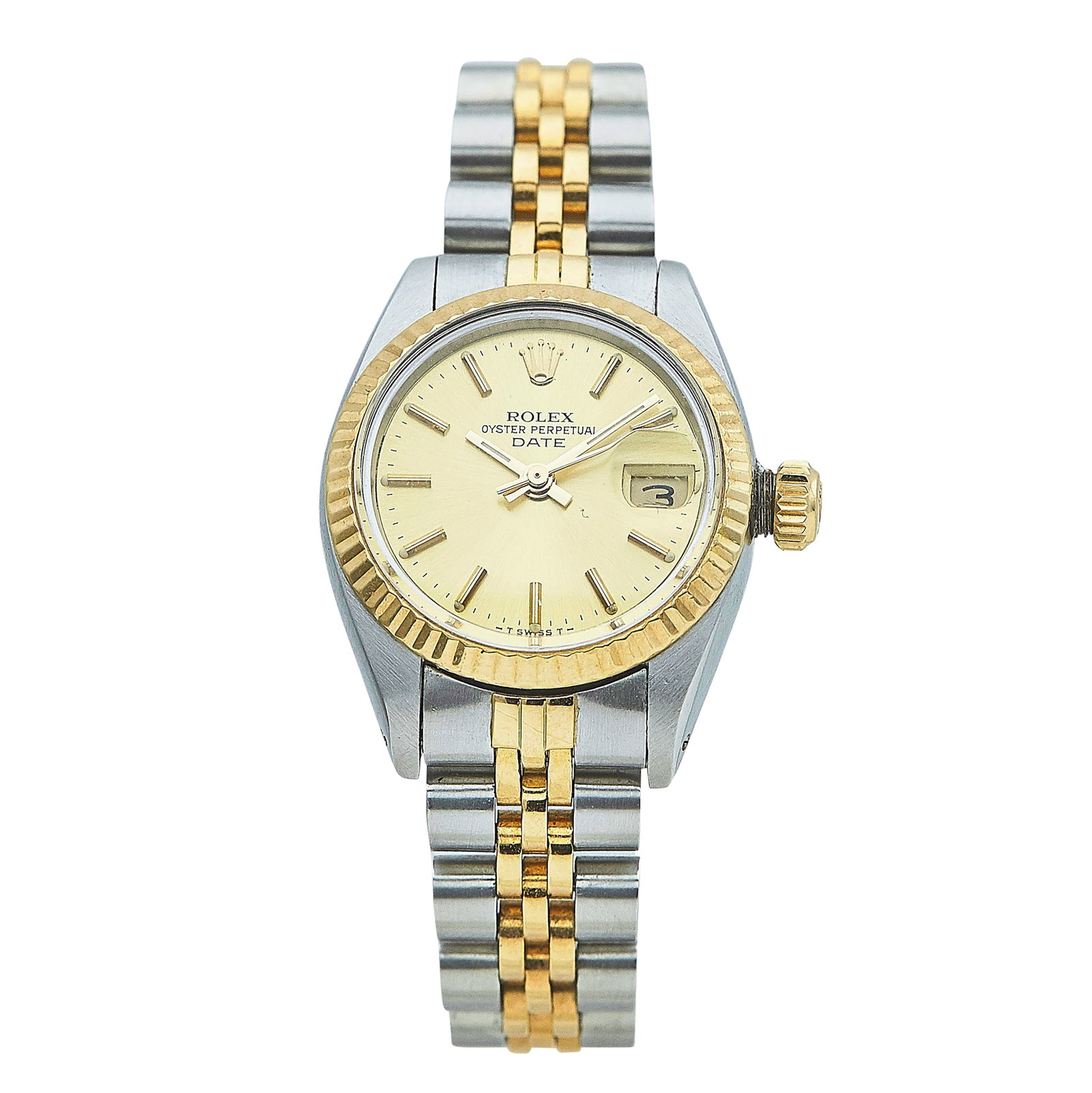 Rolex Datejust 18K Yellow Gold/SS Watch Ref. 6917, circa 1983: BRAND: Rolex; STYLE: Datejust; REF. #: 6917; CONDITION: Pre-owned, Very Good; YEAR: Circa 1983; ADDITIONAL COMMENTS: 8.0 mil serial, Scratches throughout watch, Light scratches on crystal, Bracelet wi