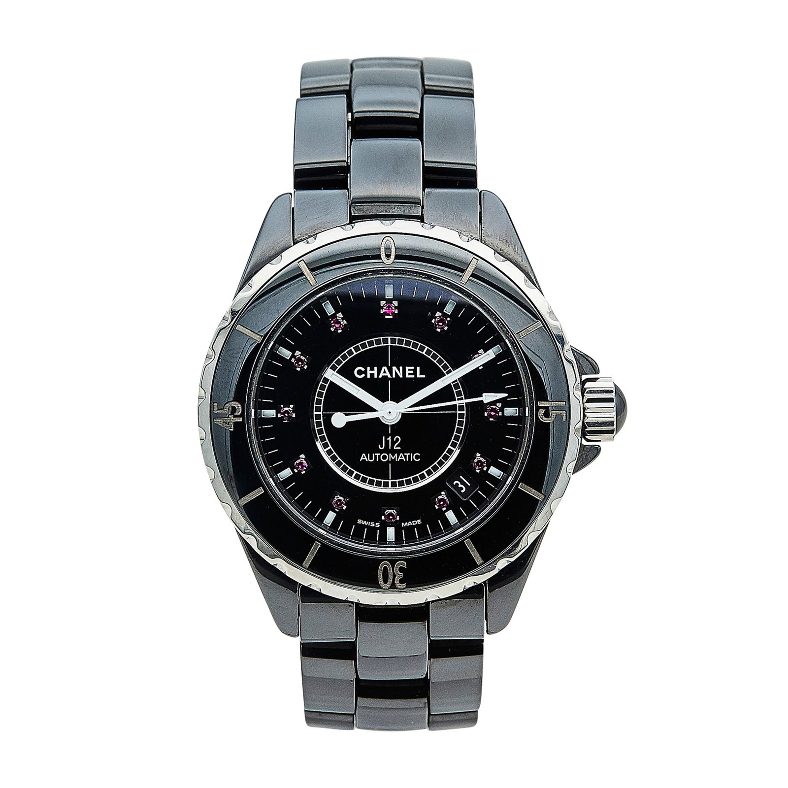 Chanel J12 Ceramic and Stainless Steel Watch Ref. H1635, circa 2007: BRAND: Chanel; STYLE: J12; REF. #: H1635; CONDITION: Pre-owned, Excellent; YEAR: Circa 2007; ADDITIONAL COMMENTS: Light scratches throughout bezel; CASE SIZE (mm): 39; CASE MATERIAL: Ceramic; BRACELET