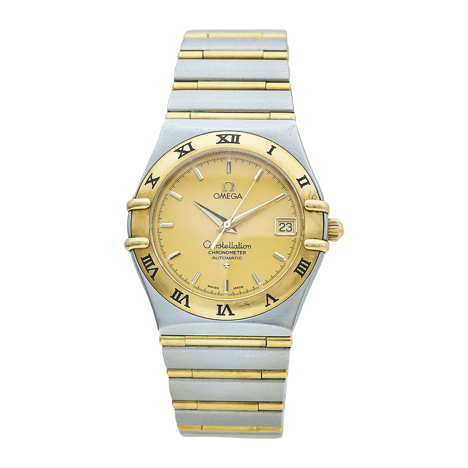 Omega Constellation 18K Yellow Gold and Stainless Steel Watch Ref. 1202.10.00, circa 2006: BRAND: Omega; STYLE: Constellation; REF. #: 1202.10.00; CONDITION: Pre-owned, Good; YEAR: Circa 2006; ADDITIONAL COMMENTS: Scratches throughout watch, Loose pins in bracelet links, Impacts on case and