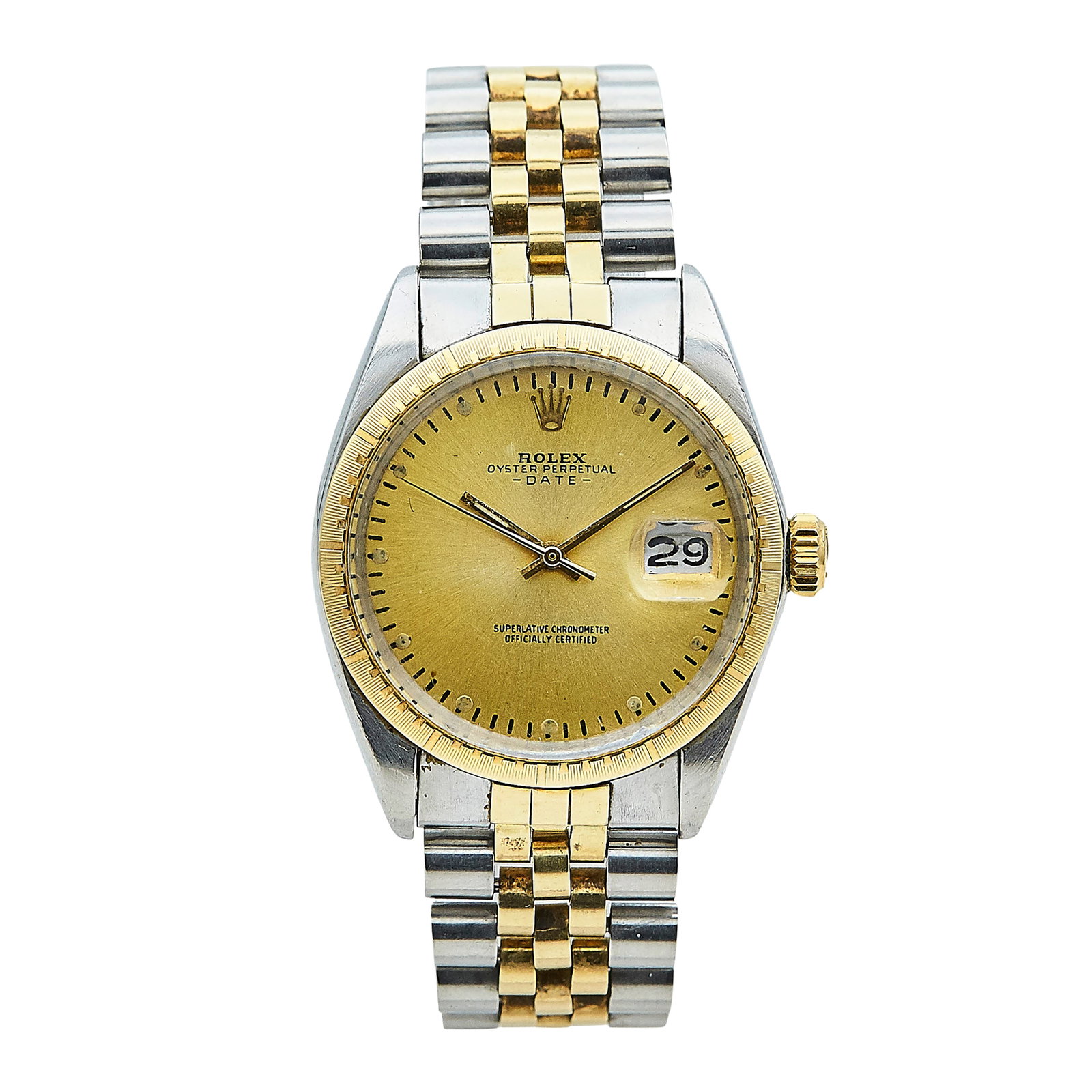 Rolex Oyster Perpetual Date 14K Yellow Gold and Stainless Steel Watch Ref. 1512, circa 1970: BRAND: Rolex; STYLE: Oyster Perpetual Date; REF. #: 1512; CONDITION: Pre-owned, Good; YEAR: Circa 1970; ADDITIONAL COMMENTS: 0 serial, Scratches throughout watch, Scratches on acrylic crystal, Accompa