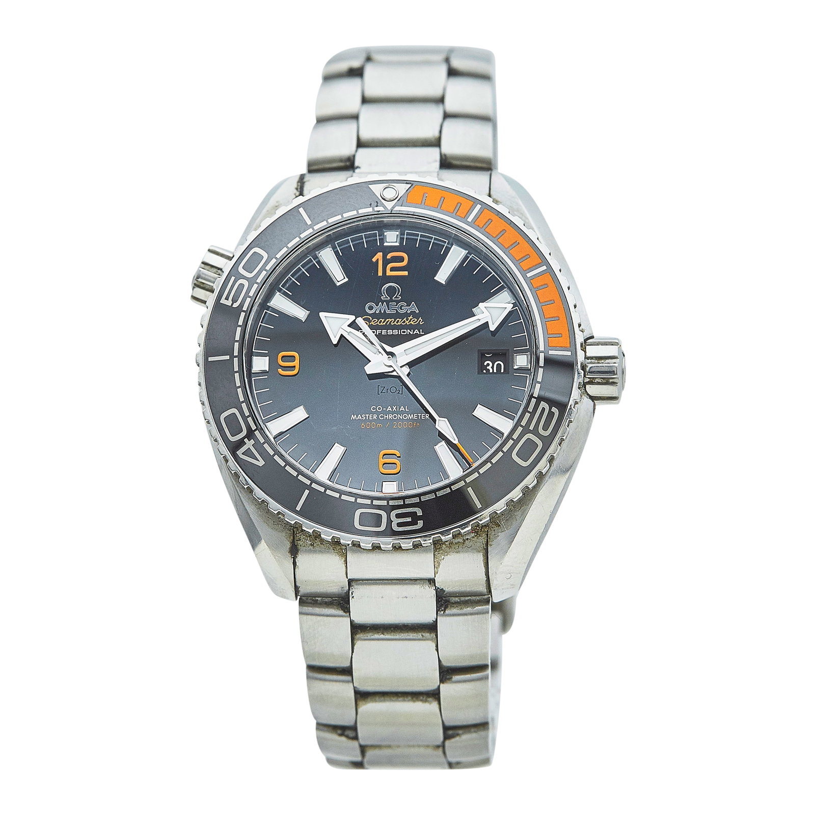 Omega Seamaster Planet Ocean Stainless Steel Watch Ref. 215.30.44.21.01.002, 2020: BRAND: Omega; STYLE: Seamaster Planet Ocean; REF. #: 215.30.44.21.01.002; CONDITION: Pre-owned, Very Good; YEAR: 2020; ADDITIONAL COMMENTS: Scratches throughout watch, Scratches and obvious wear to br
