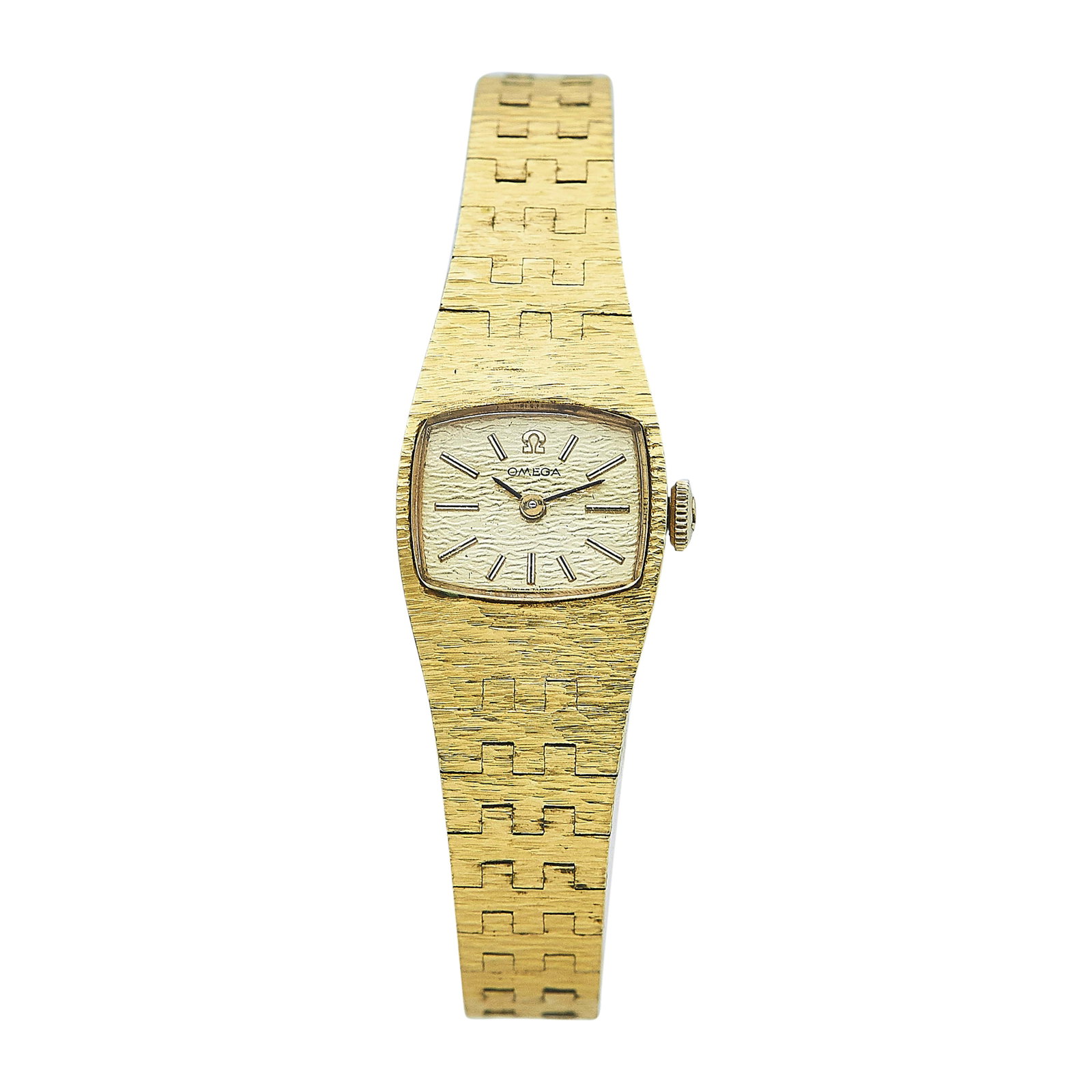 Omega Champagne Gold-Plated Watch Ref. H5375, circa 1975: BRAND: Omega; STYLE: Champagne; REF. #: H5375; CONDITION: Pre-owned, Very Good; YEAR: Circa 1975; ADDITIONAL COMMENTS: Scratches throughout watch, Scratches on plastic crystal, Watch is entirely gold 