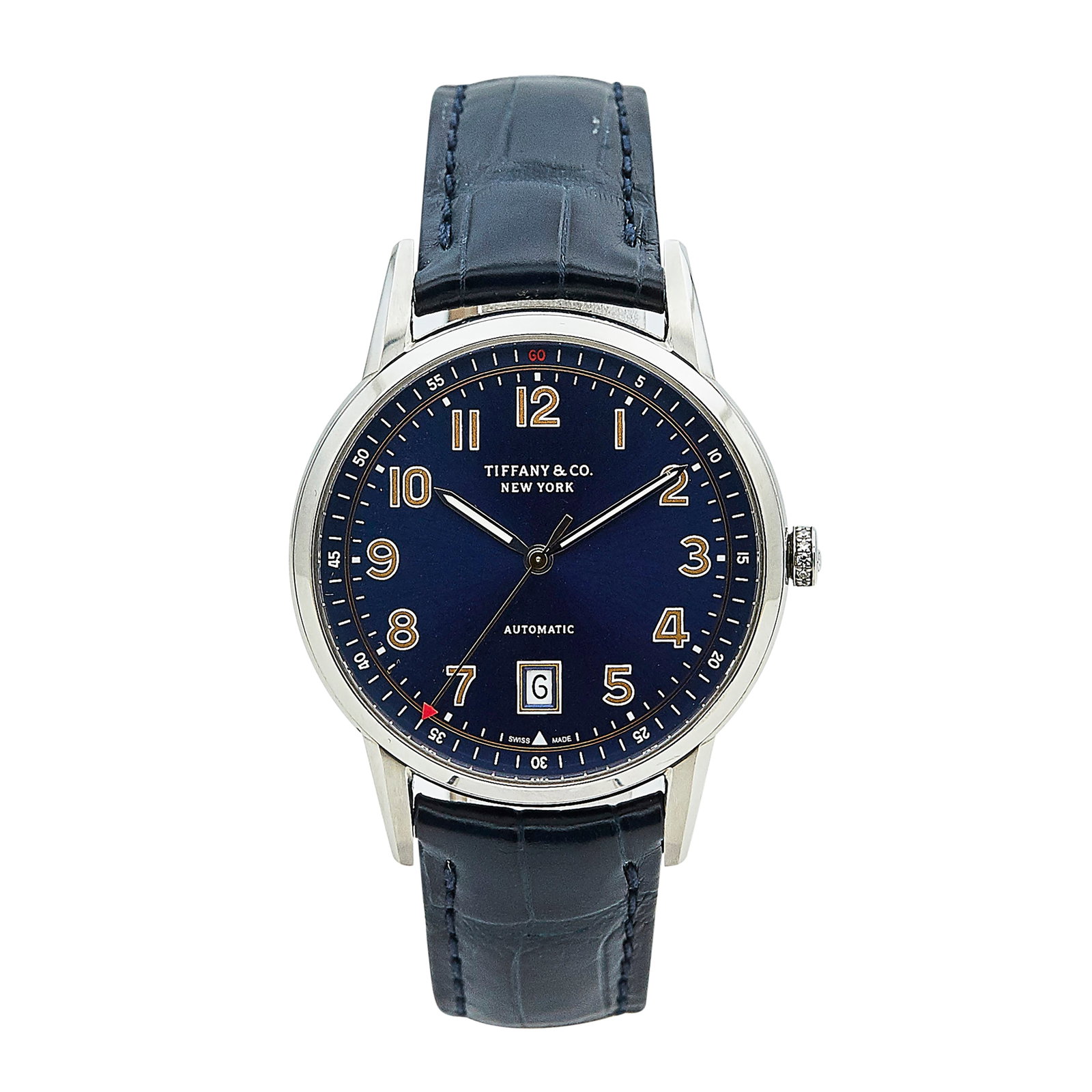 Tiffany & Co. CT60 Stainless Steel Watch Ref. 34668299, circa 2020: BRAND: Tiffany & Co.; REF. #: 34668299; CONDITION: Pre-owned, Very Good; YEAR: Circa 2020; ADDITIONAL COMMENTS: Scratches throughout watch, Light wear to leather strap; CASE SIZE (mm): 40; CASE MATERI