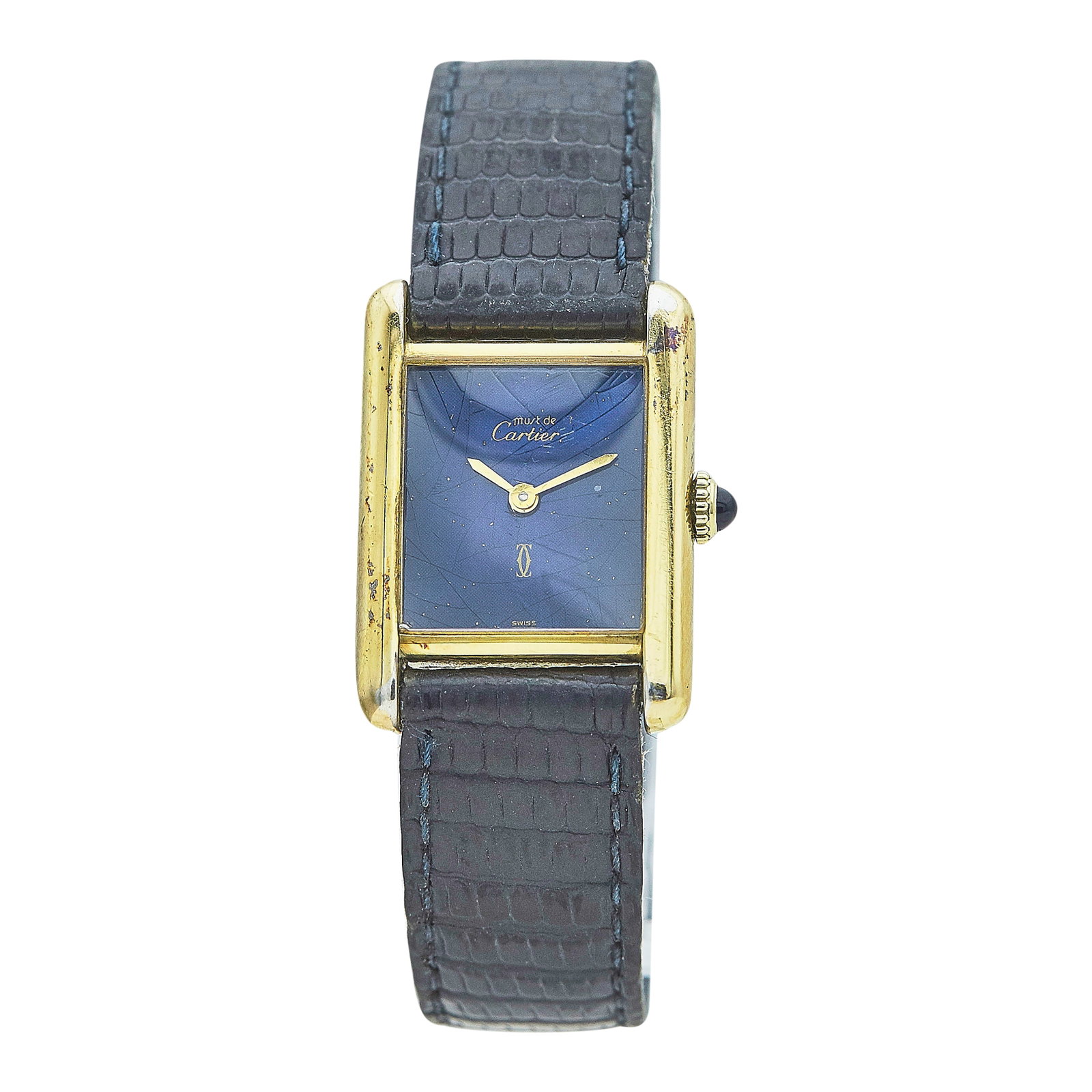 Cartier Tank Vermeil Watch, Ref. Unknown, circa 1995: BRAND: Cartier; STYLE: Tank; CONDITION: Pre-owned, Good; YEAR: Circa 1995; ADDITIONAL COMMENTS: Scratches throughout watch, Chips on edges of sapphire crystal, Scratches on face of sapphire crystal, C