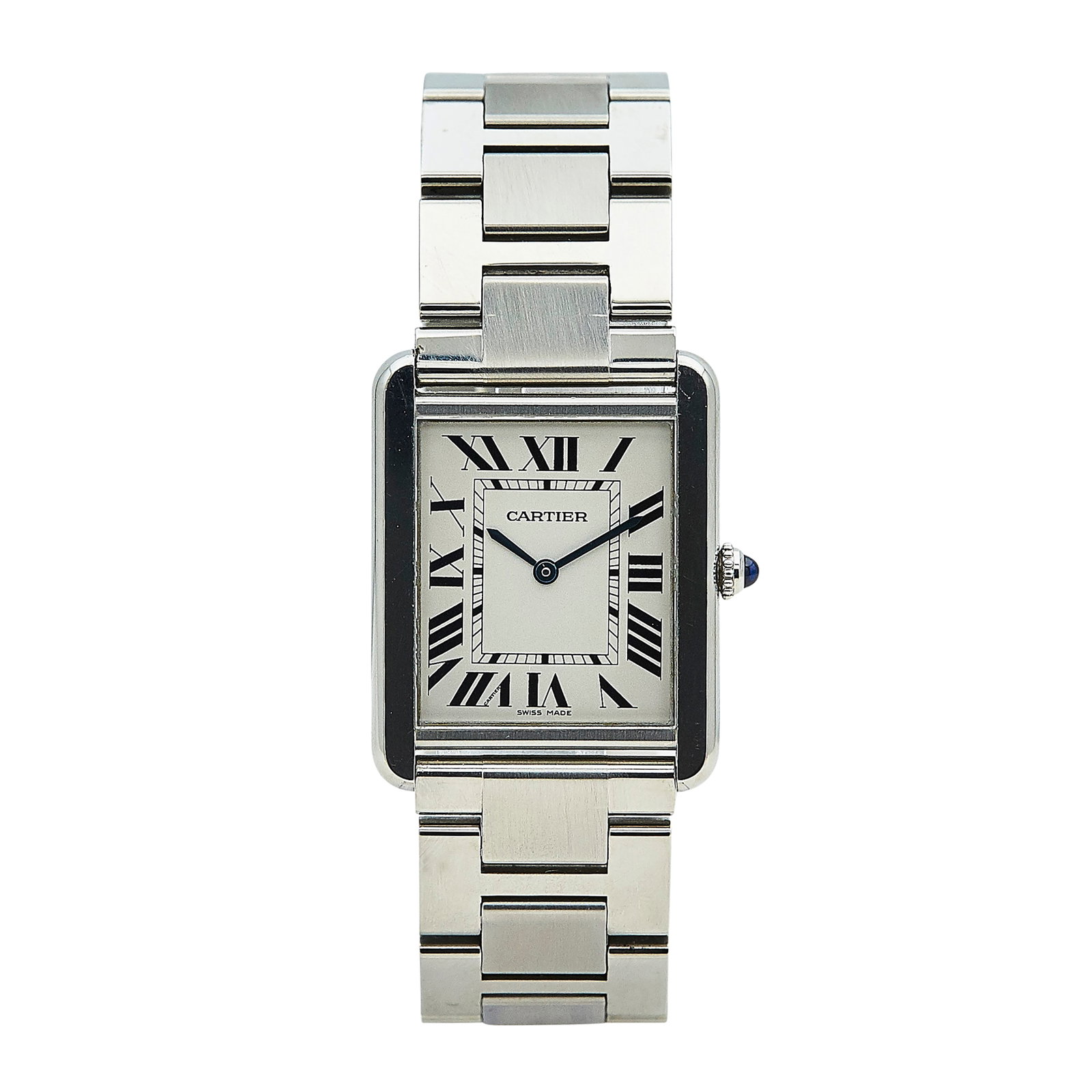 Cartier Tank Solo Stainless Steel Watch Ref. W5200014, 2012: BRAND: Cartier; STYLE: Tank Solo; REF. #: W5200014; CONDITION: Pre-owned, Very Good; YEAR: 2012; ADDITIONAL COMMENTS: Scratches throughout watch, Accompanied by certificate; CASE SIZE (mm): 34 x 27; C