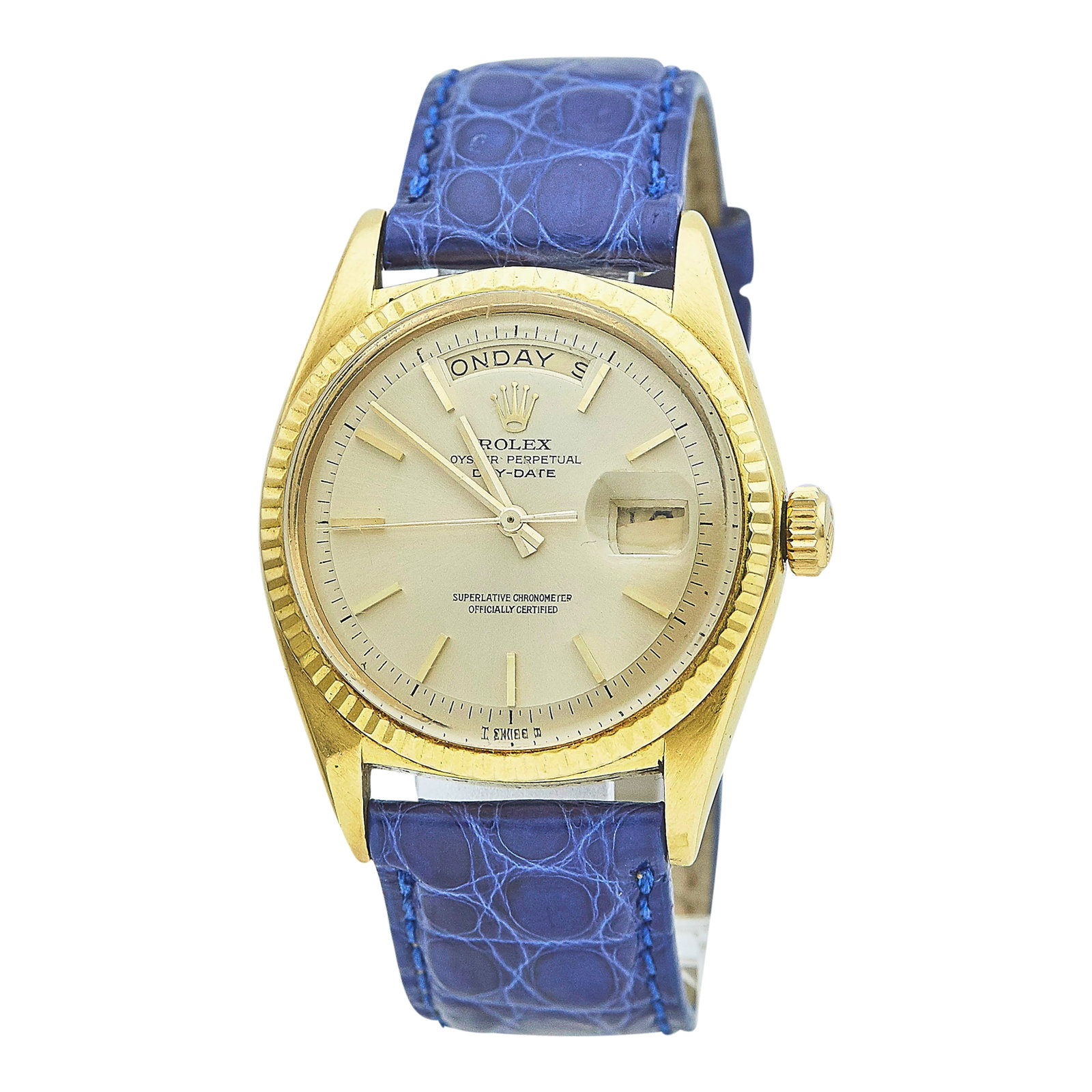 Rolex Day-Date 36 18K Yellow Gold Watch Ref. 1803, circa 1970: BRAND: Rolex; STYLE: Day-Date 36; REF. #: 1803; CONDITION: Pre-owned, Poor; YEAR: Circa 1970; ADDITIONAL COMMENTS: 2 mil serial, Scratches throughout watch, Buckle and strap are not original to the wa