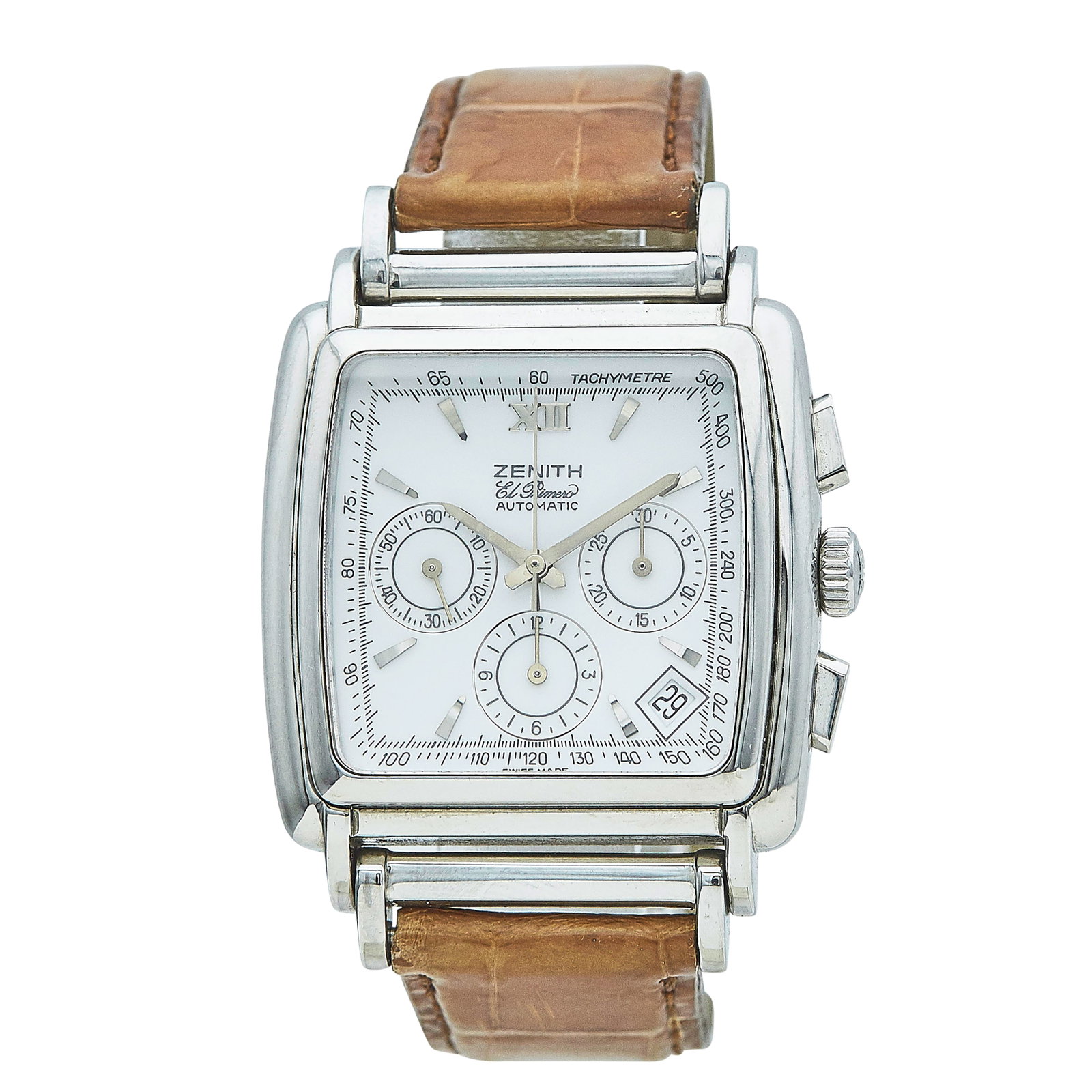 Zenith El Primero Stainless Steel Watch Head & Buckles Ref. 01-0420-400, 2001: BRAND: Zenith; STYLE: El Primero; REF. #: 01-0420-400; CONDITION: Pre-owned, Very Good; YEAR: 2001; ADDITIONAL COMMENTS: Scratches throughout watch, Case back sticker still intact, Strap and buckle no