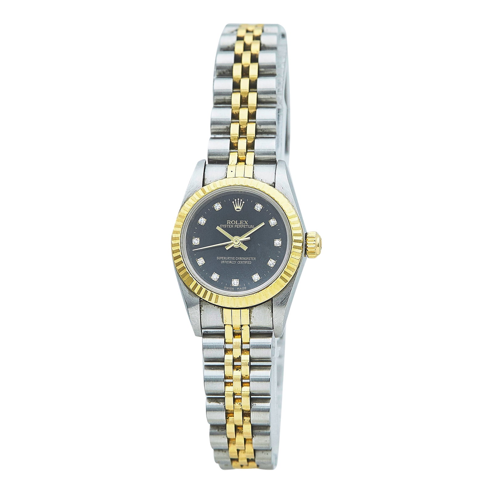 Rolex Ladies Oyster Perpetual 18K Yellow Gold and Stainless Steel Watch Ref. 76193, circa 2005: BRAND: Rolex; REF. #: 76193; CONDITION: Pre-owned, Very Good; YEAR: Circa 2005; ADDITIONAL COMMENTS: F serial, Scratches throughout watch, Chips to edge of sapphire crystal, Bracelet with light stretc