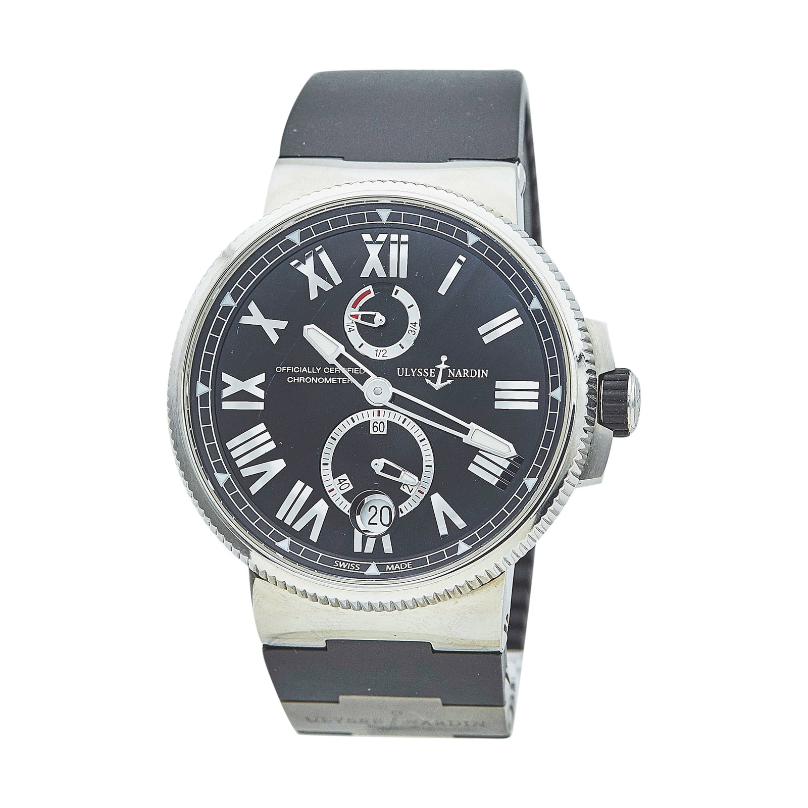 Ulysse Nardin Marine Chronometer Stainless Steel Watch Ref. 1183-122, circa 2020: BRAND: Ulysse Nardin; STYLE: Marine Chronometer; REF. #: 1183-122; CONDITION: Pre-owned, Very Good; YEAR: Circa 2020; ADDITIONAL COMMENTS: Scratches throughout watch, Scratches on sapphire crystal, Ac
