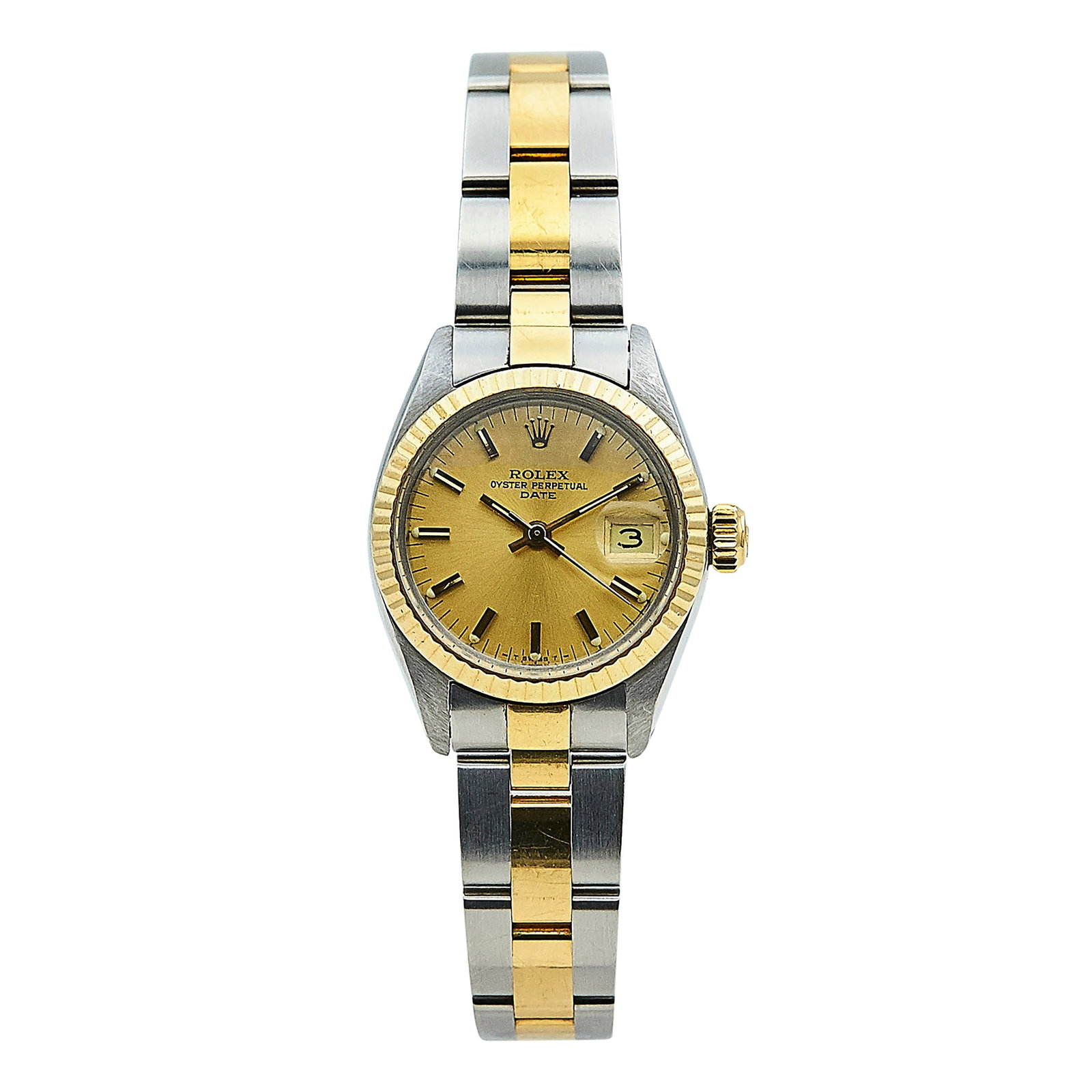 Rolex Lady-Datejust 18K Yellow Gold and Stainless Steel Watch Ref. 6917, circa 1979: BRAND: Rolex; STYLE: Date; REF. #: 6917; CONDITION: Pre-owned, Good; YEAR: Circa 1979; ADDITIONAL COMMENTS: 6 mil serial, Scratches throughout watch, Scratches on acrylic crystal, Resistance when wind