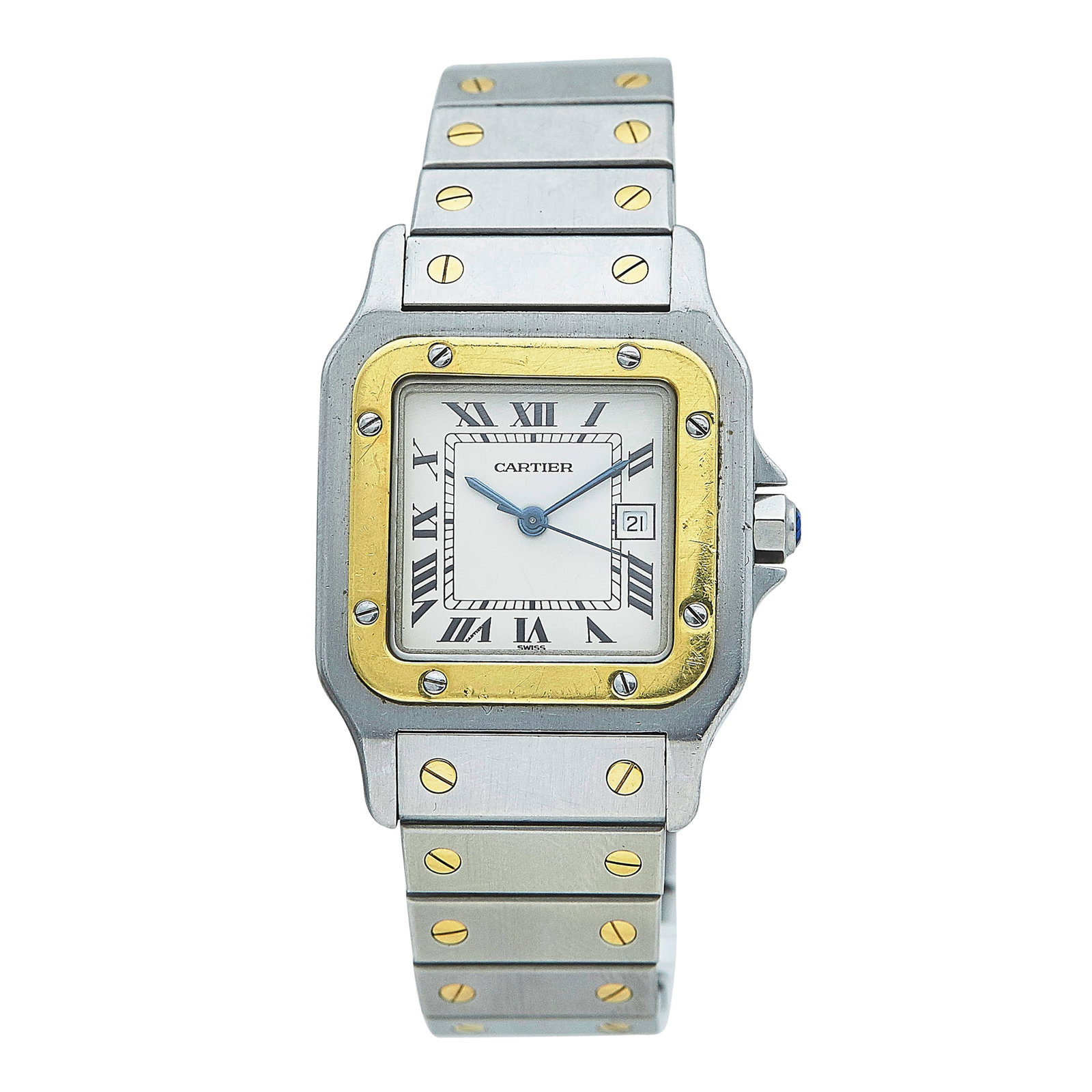 Cartier Santos de Cartier 18K Yellow Gold/SS Watch Ref. 81036283, circa 1990: BRAND: Cartier; STYLE: Santos de Cartier; REF. #: 81036283; CONDITION: Pre-owned, Good; YEAR: Circa 1990; ADDITIONAL COMMENTS: Scratches throughout watch, Dial with crazing, Clasp is slightly loose; C
