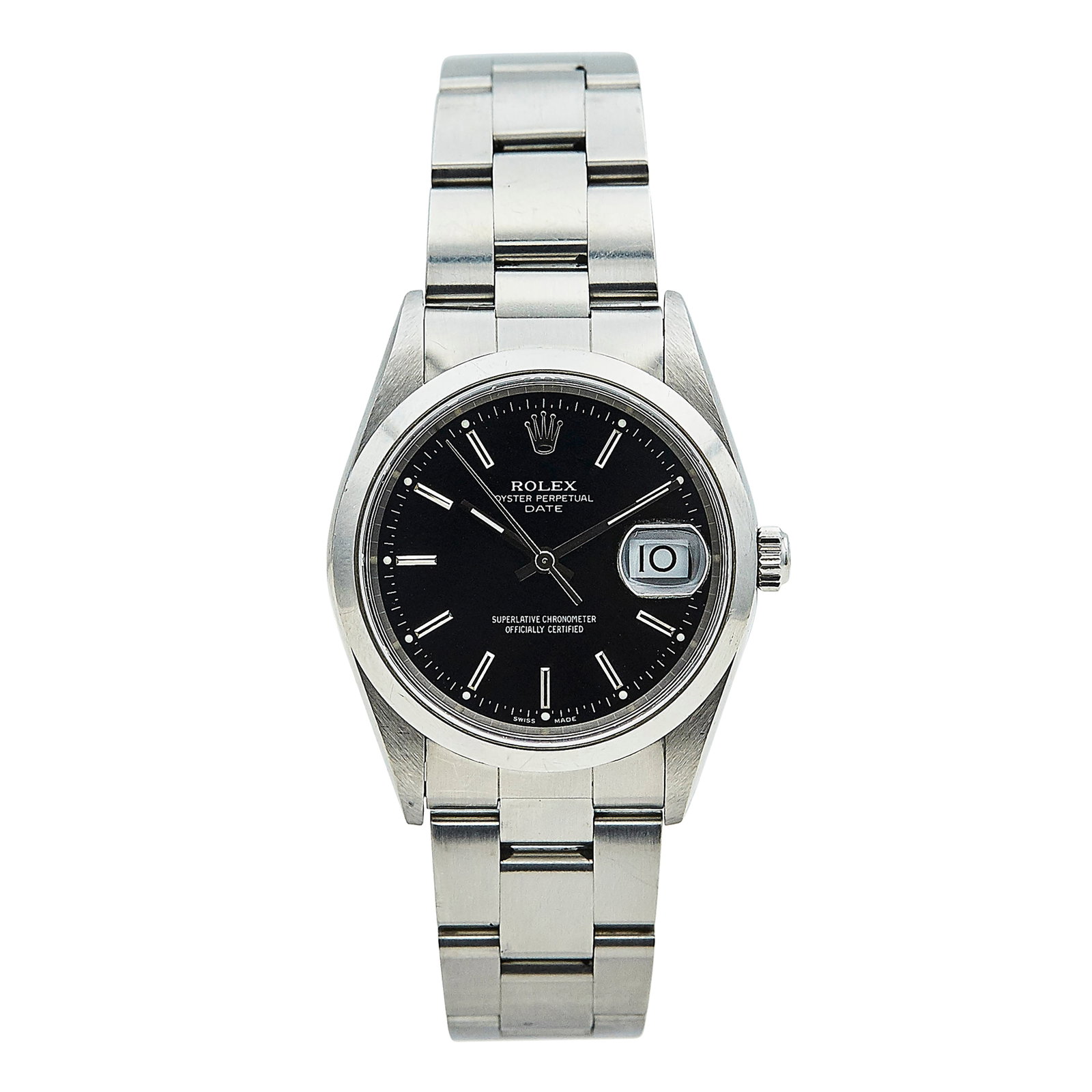 Rolex Date Stainless Steel Watch Ref. 15200, circa 2000: BRAND: Rolex; STYLE: Date; REF. #: 15200; CONDITION: Pre-owned, Very Good; YEAR: Circa 2000; ADDITIONAL COMMENTS: P serial, Scratches throughout watch, Fleabite chips around edge of sapphire crystal; 